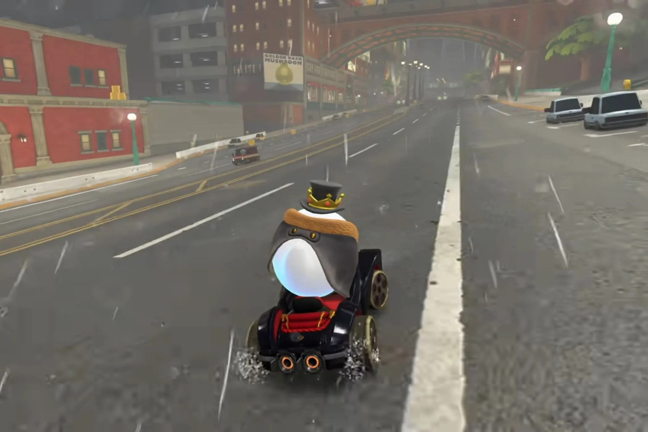 King Boo lái xe qua Crown City trong cơn mưa trong game Mario Kart World