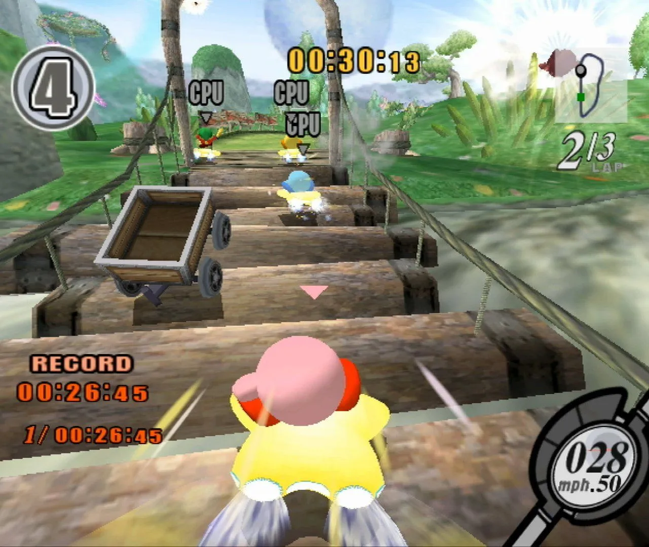 Kirby đang cưỡi Warp Star bay lượn trên đường đua đầy màu sắc trong game Kirby Air Ride