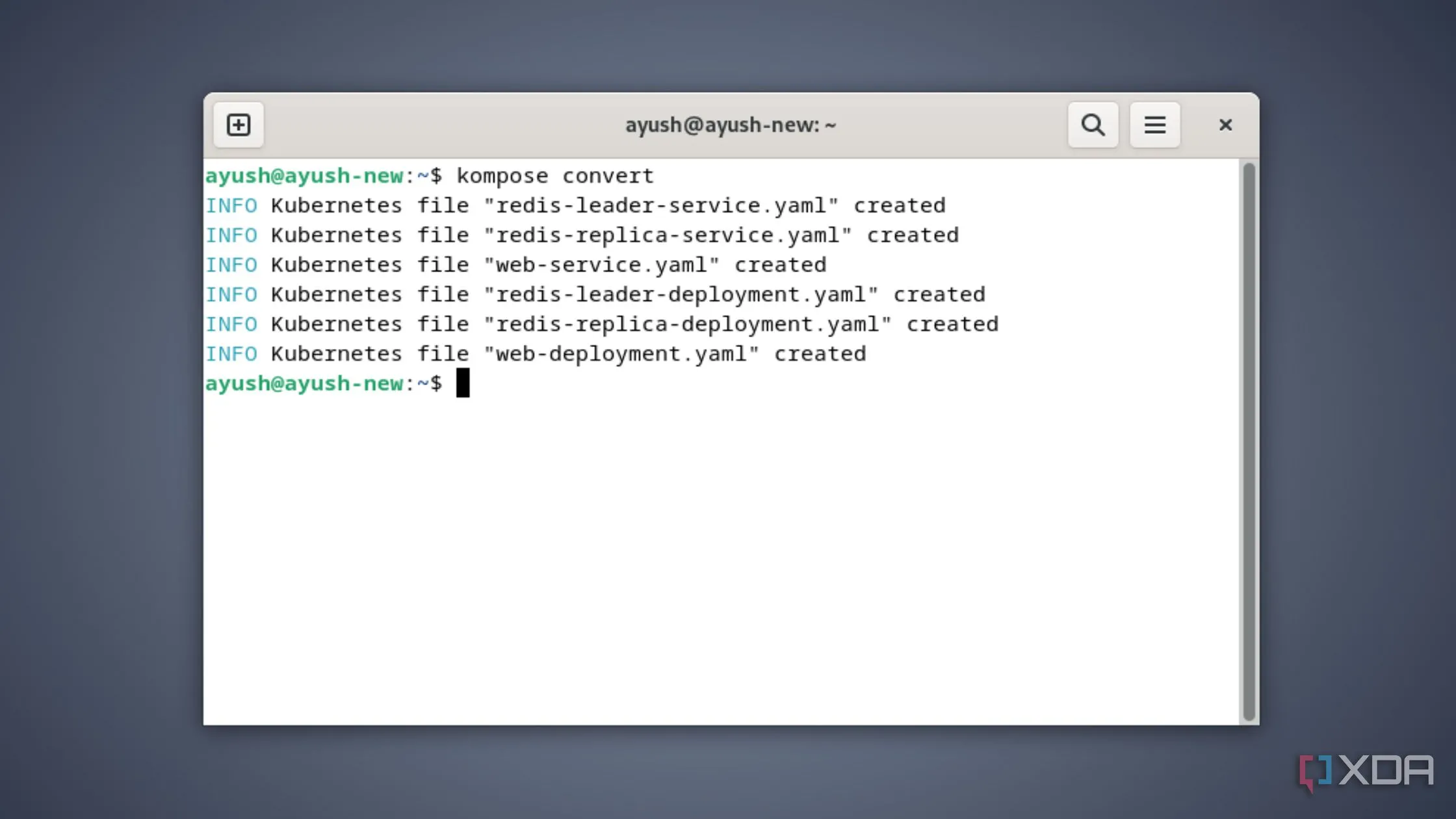 Kompose utility đang chạy trên hệ điều hành Debian để chuyển đổi cấu hình Docker Compose
