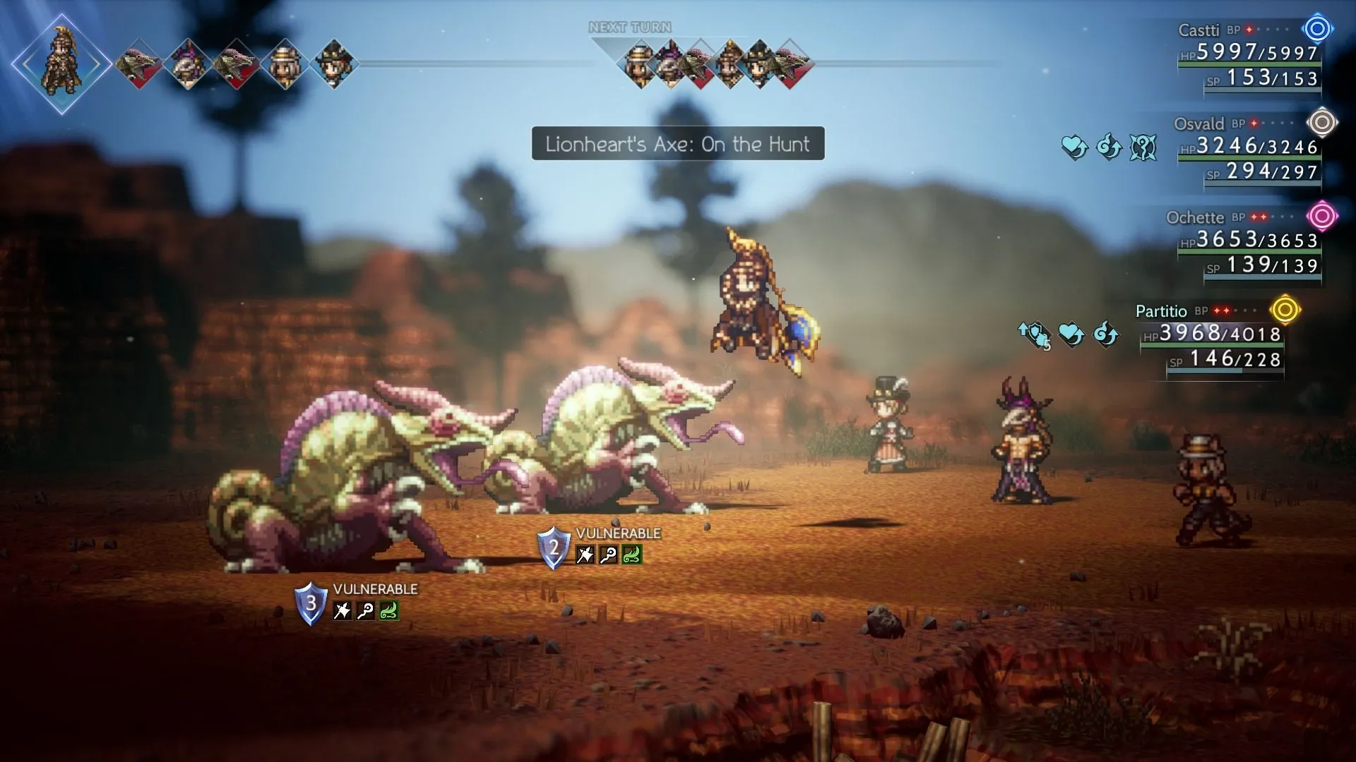 Kỹ năng Lionheart's Axe đang được sử dụng trong Octopath Traveler 2, minh họa một pha chiến đấu kịch tính