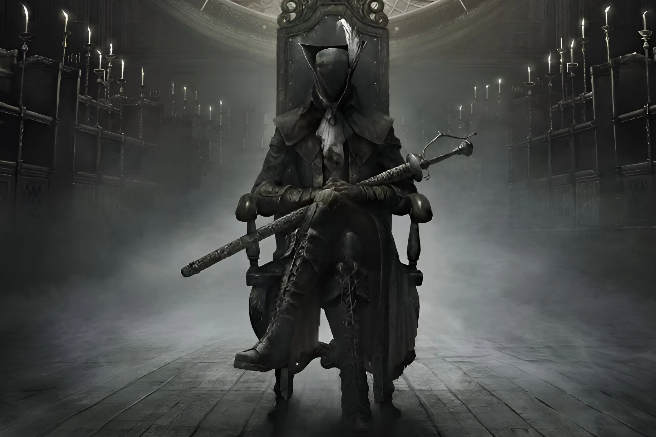 Lady Maria ngồi trên ghế trong Phòng Nghiên Cứu, một nhân vật biểu tượng trong Bloodborne: The Old Hunters