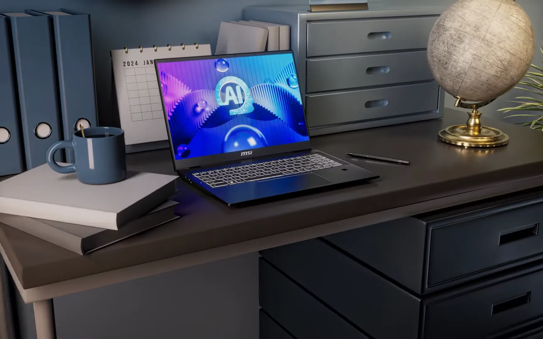 Laptop MSI Summit E16 AI Studio trên bàn làm việc, minh họa sức mạnh của công nghệ AI trong xử lý đồ họa.