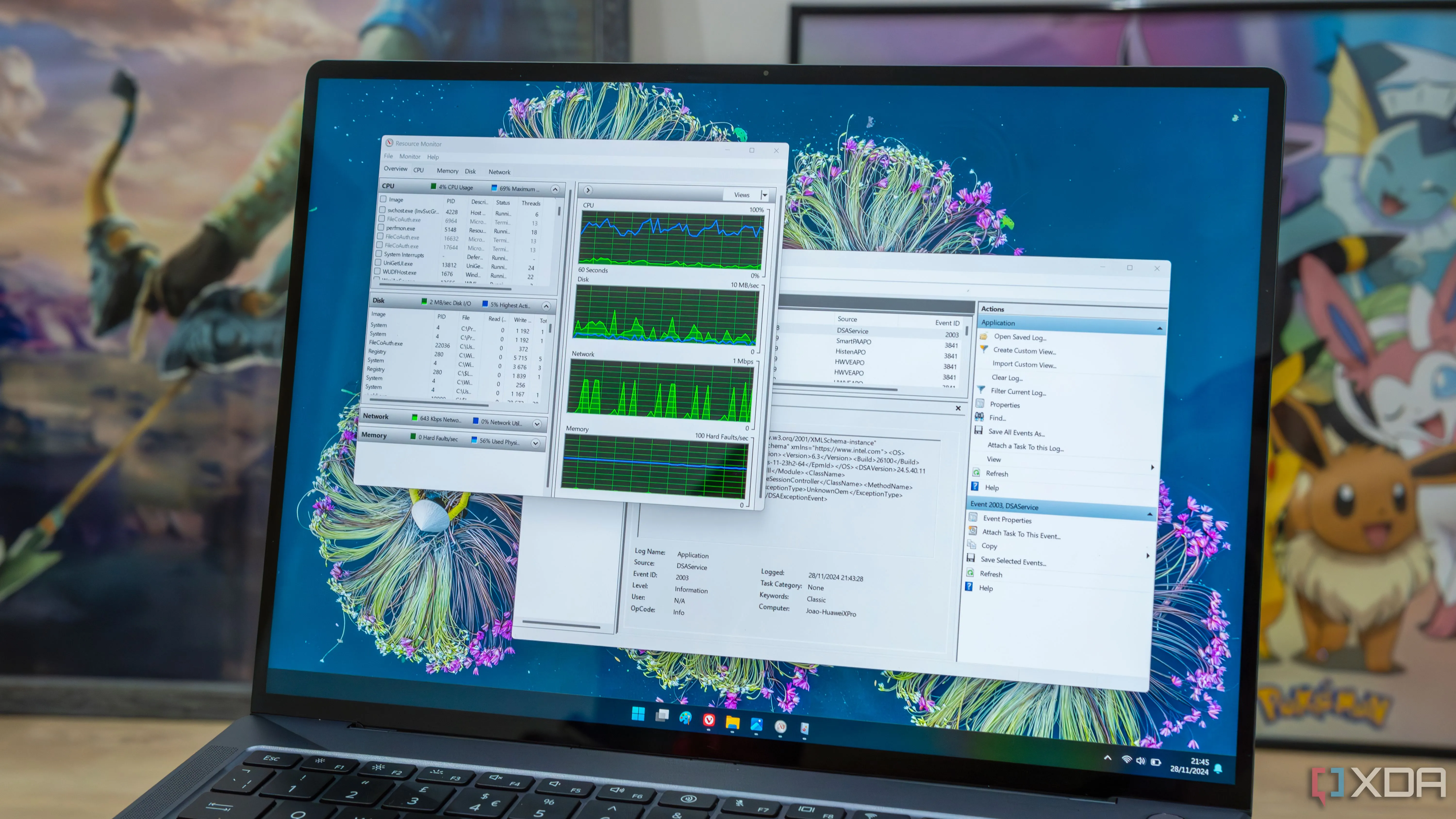 Laptop Windows 11 hiển thị Resource Monitor và Event Viewer