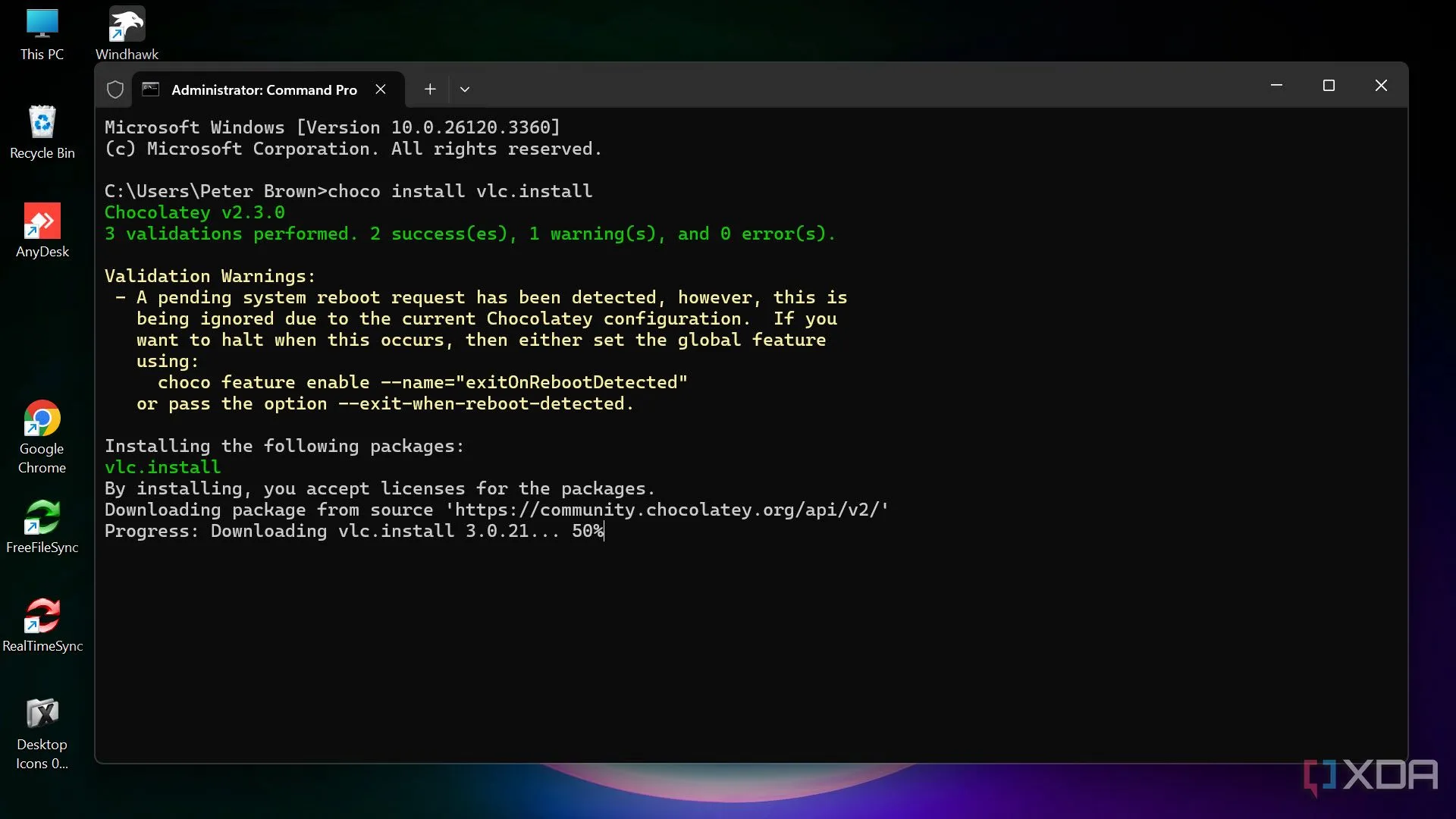 Lệnh cài đặt phần mềm VLC bằng Chocolatey qua Command Line trên Windows 11