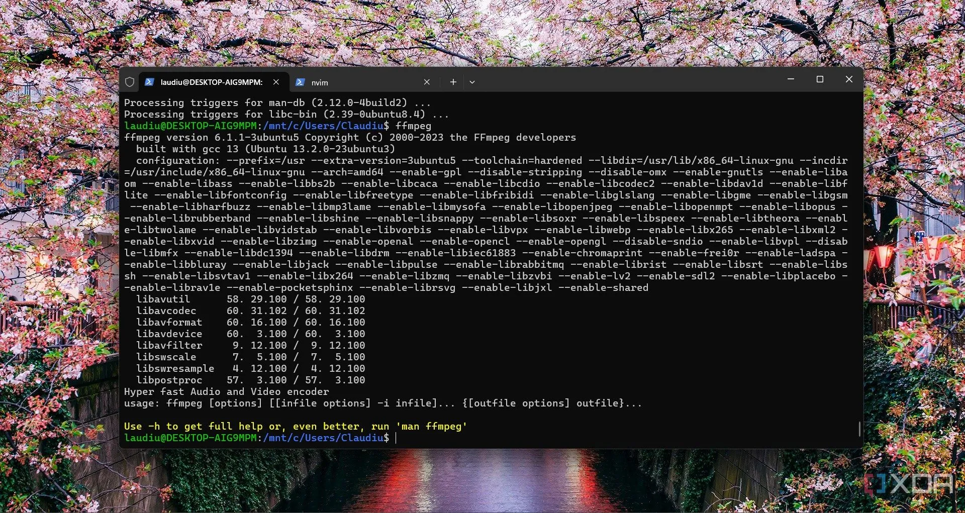 Lệnh FFmpeg đang chạy trong môi trường WSL trên Windows 11, minh họa khả năng thực thi ứng dụng Linux