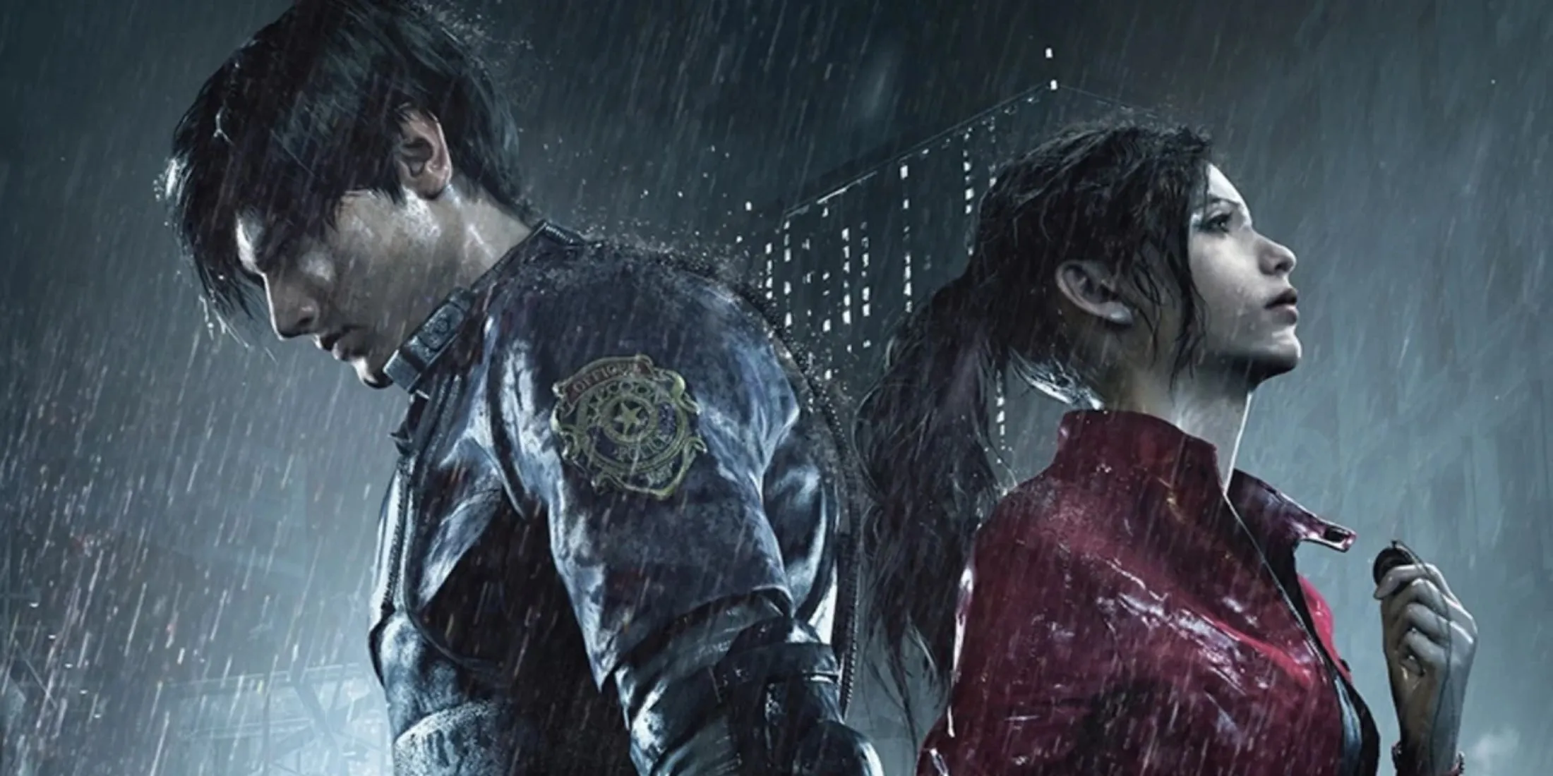 Leon S. Kennedy và Claire Redfield đứng quay lưng vào nhau dưới mưa trong Resident Evil 2 Remake