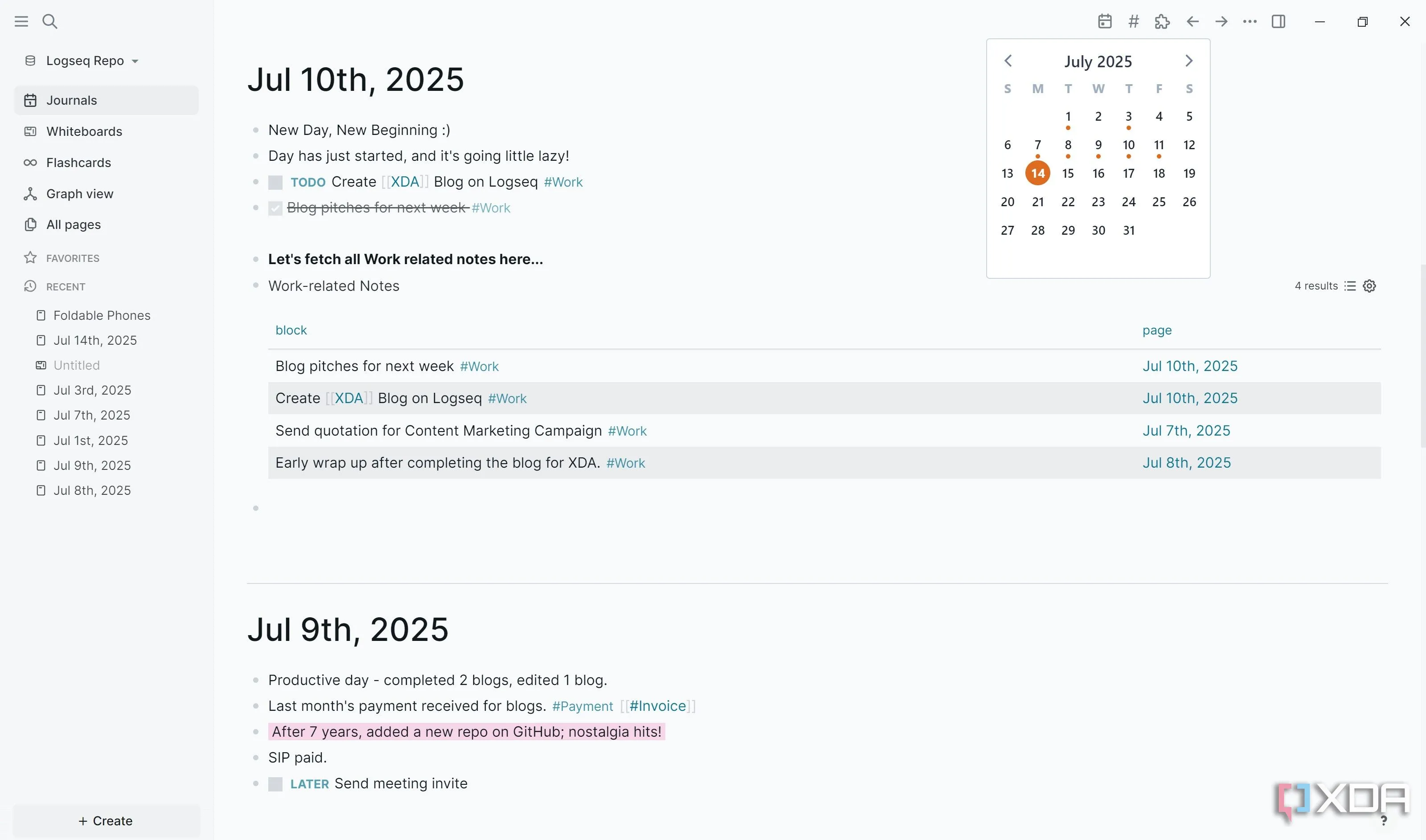 Lịch plugin Journals Calendar trong Logseq giúp xem và chuyển đến ghi chú theo ngày dễ dàng