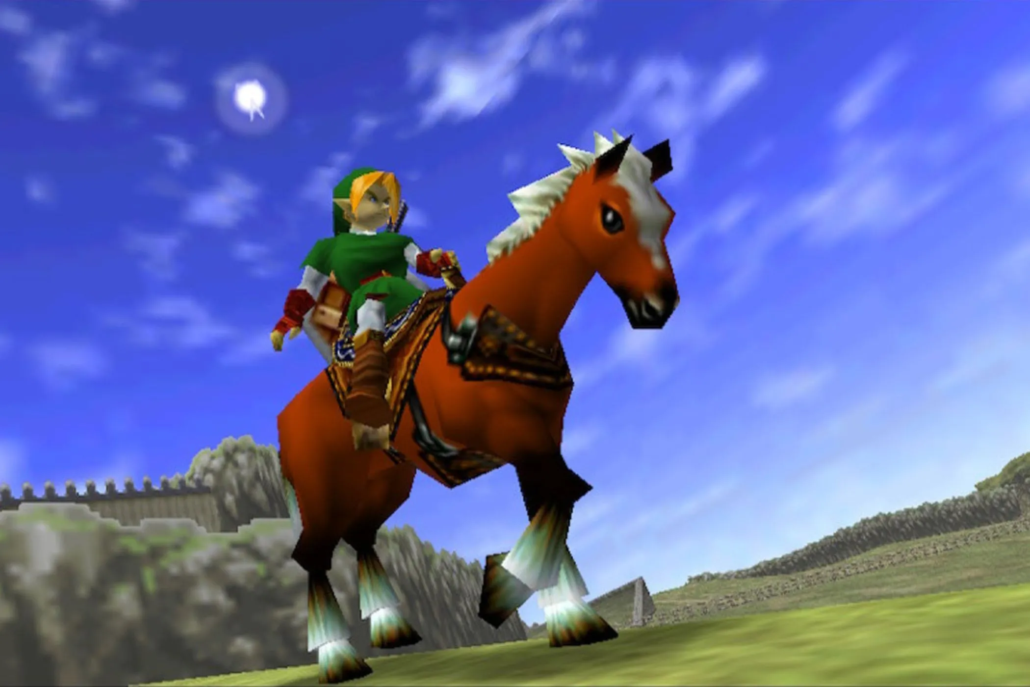 Link cưỡi Epona trong tựa game The Legend of Zelda: Ocarina of Time, thể hiện đồ họa và không gian 3D đột phá.