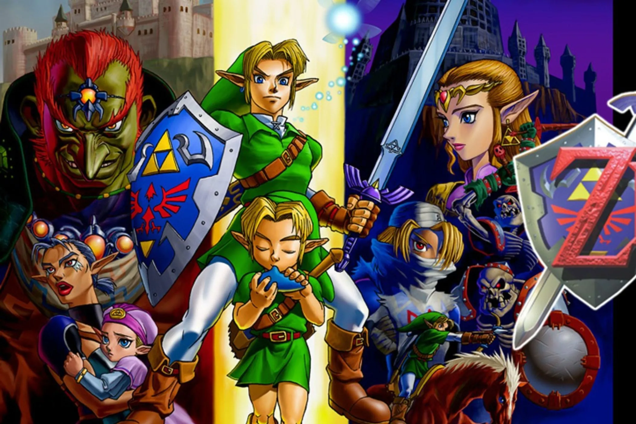 Link đang sử dụng Ocarina of Time trên nền bầu trời Hyrule