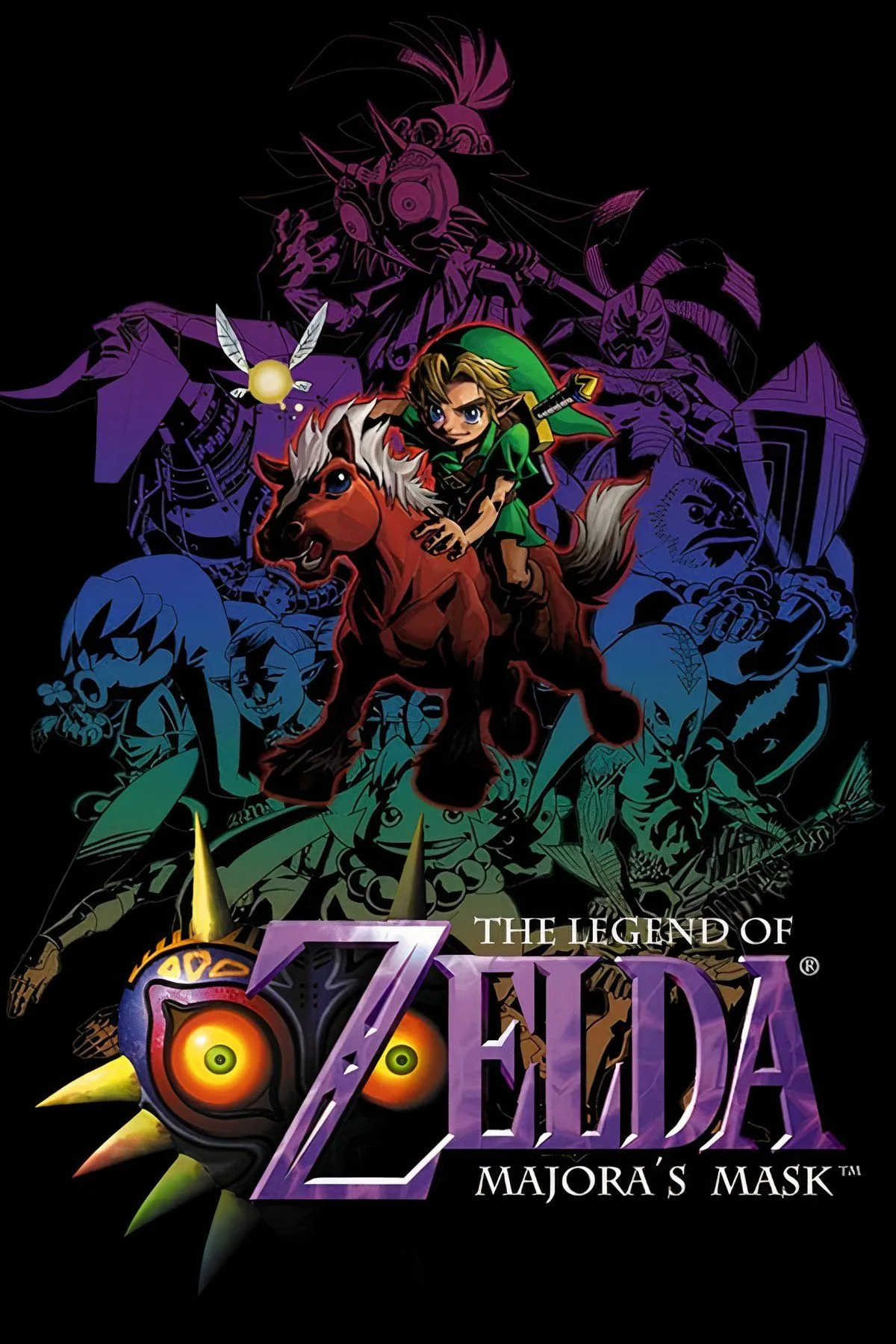 Link đeo Majora's Mask, biểu tượng của tựa game The Legend of Zelda: Majora's Mask với bầu không khí đen tối