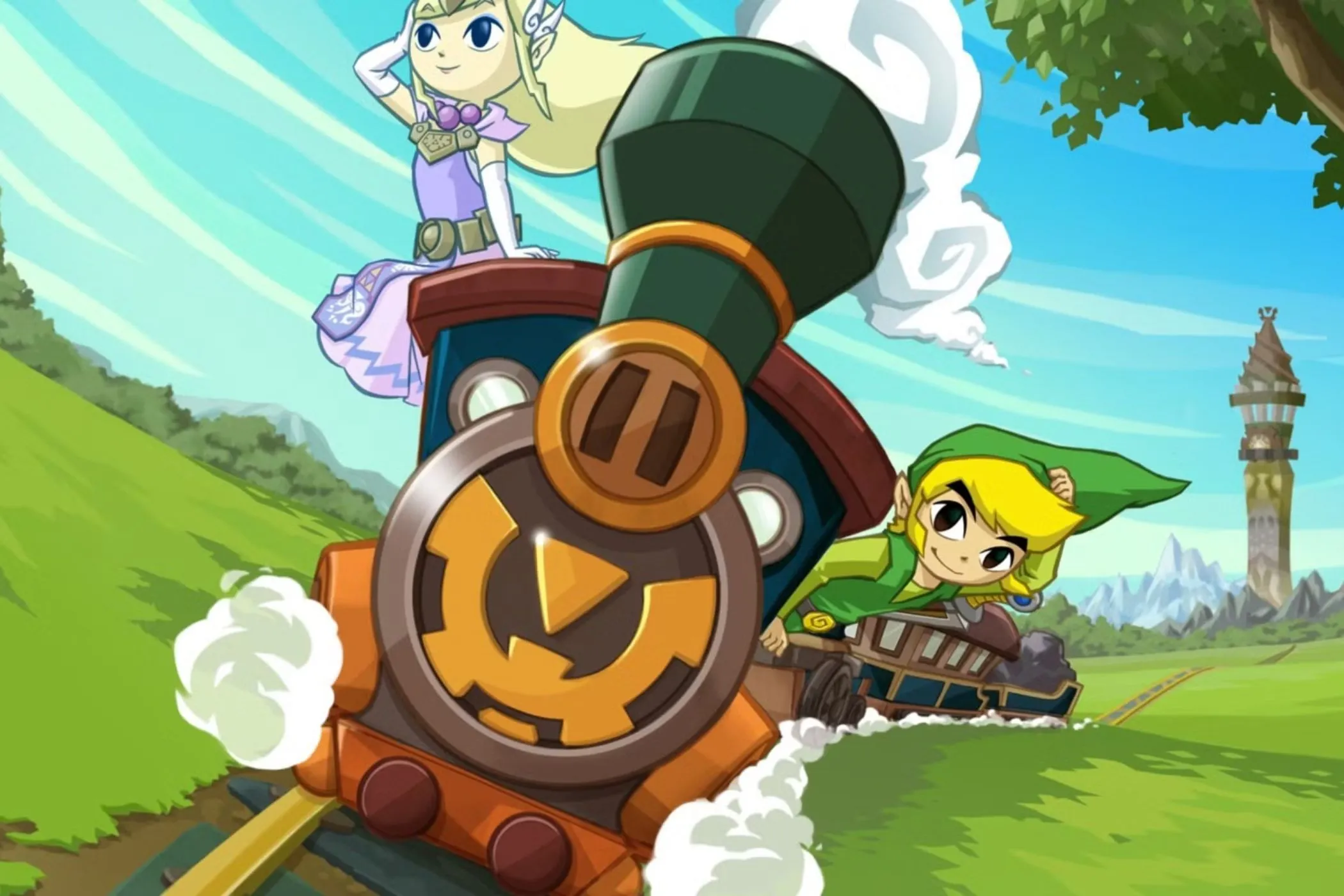 Link và Công chúa Zelda trên chuyến tàu hơi nước, biểu tượng của tựa game The Legend of Zelda: Spirit Tracks