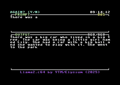 Llama2.c64 đang tạo ra một câu chuyện đơn giản trên màn hình Commodore 64, minh họa quá trình suy luận của mô hình AI tinystories
