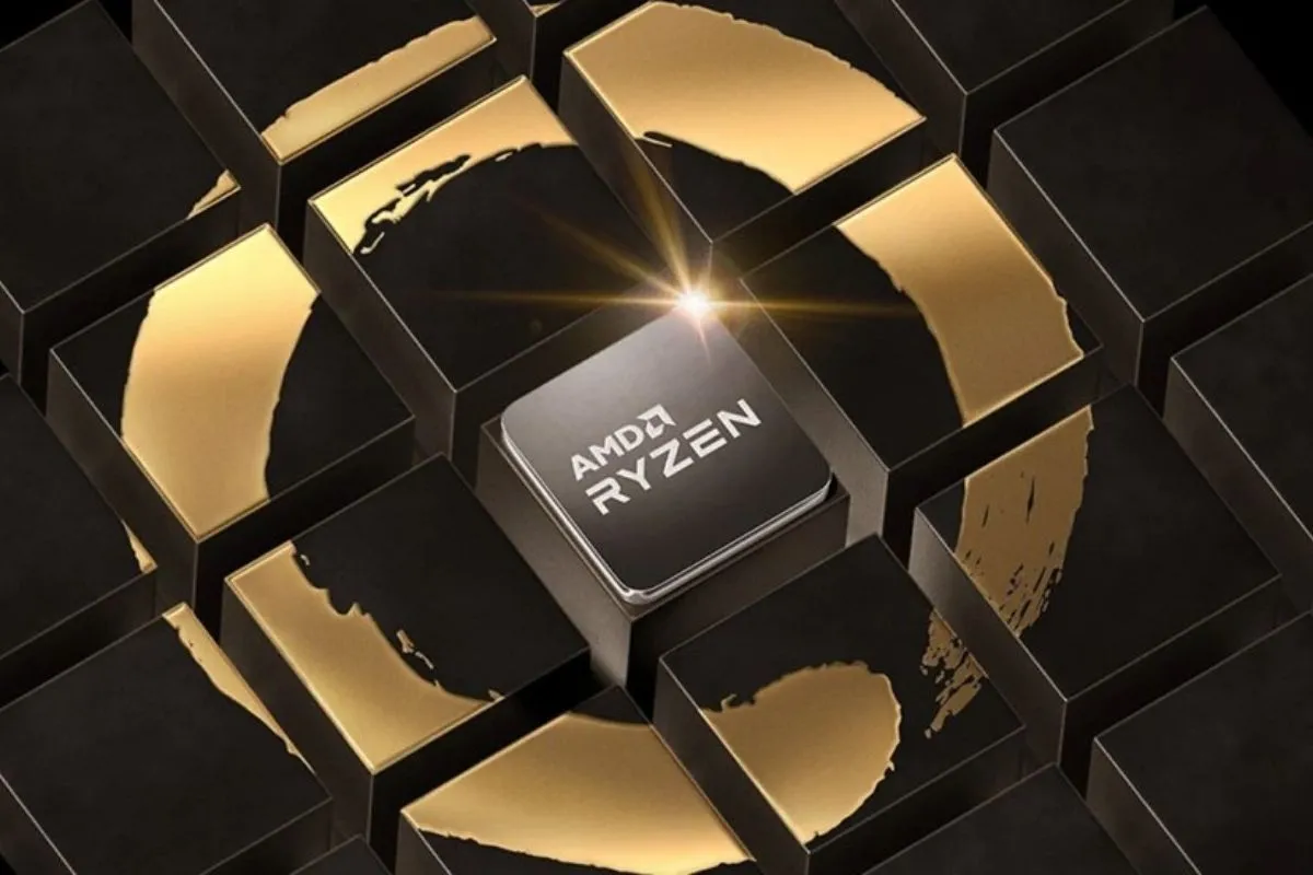 Logo AMD Ryzen và khái niệm về socket AM5 với hỗ trợ PCIe 5.0, minh họa sự phát triển của kiến trúc Zen.