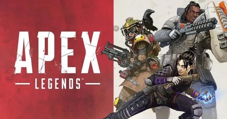 Logo Apex Legends với các nhân vật Legends được tạo dáng bên phải, thể hiện phong cách chiến đấu năng động và đa dạng của game.