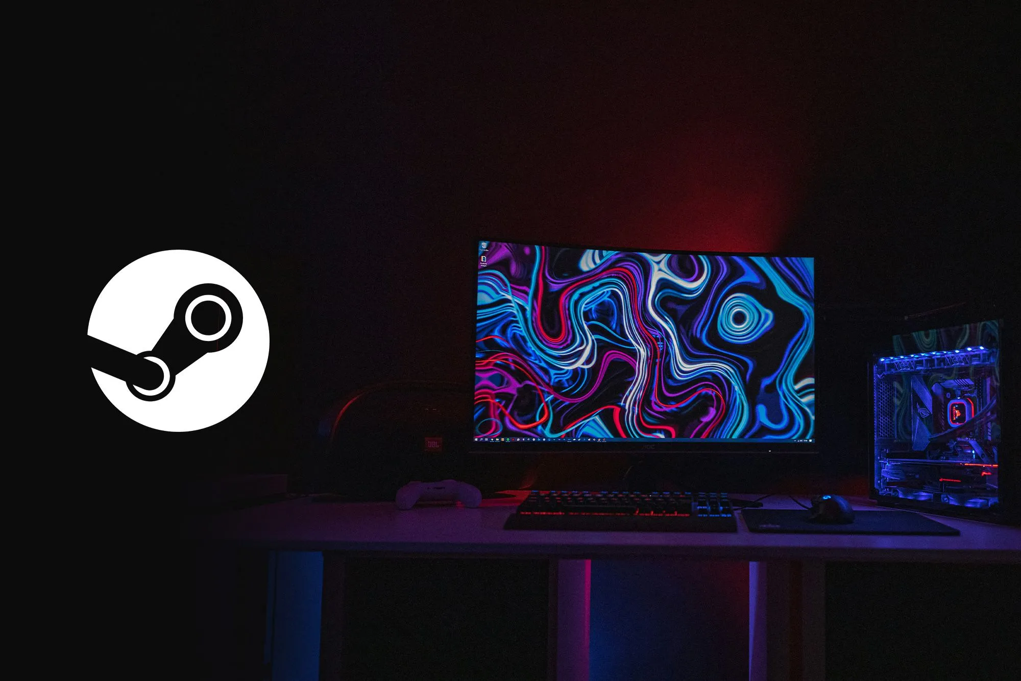 Logo Steam trắng trên nền máy tính chơi game màn hình cong