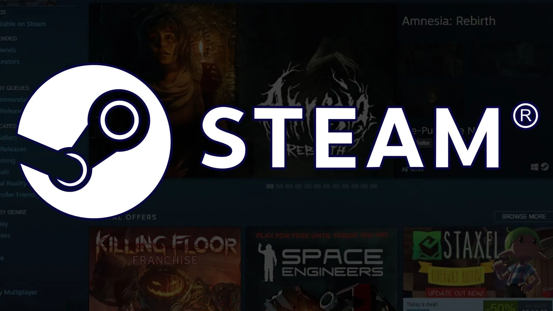 Logo Steam với giao diện trang chủ Steam làm nền