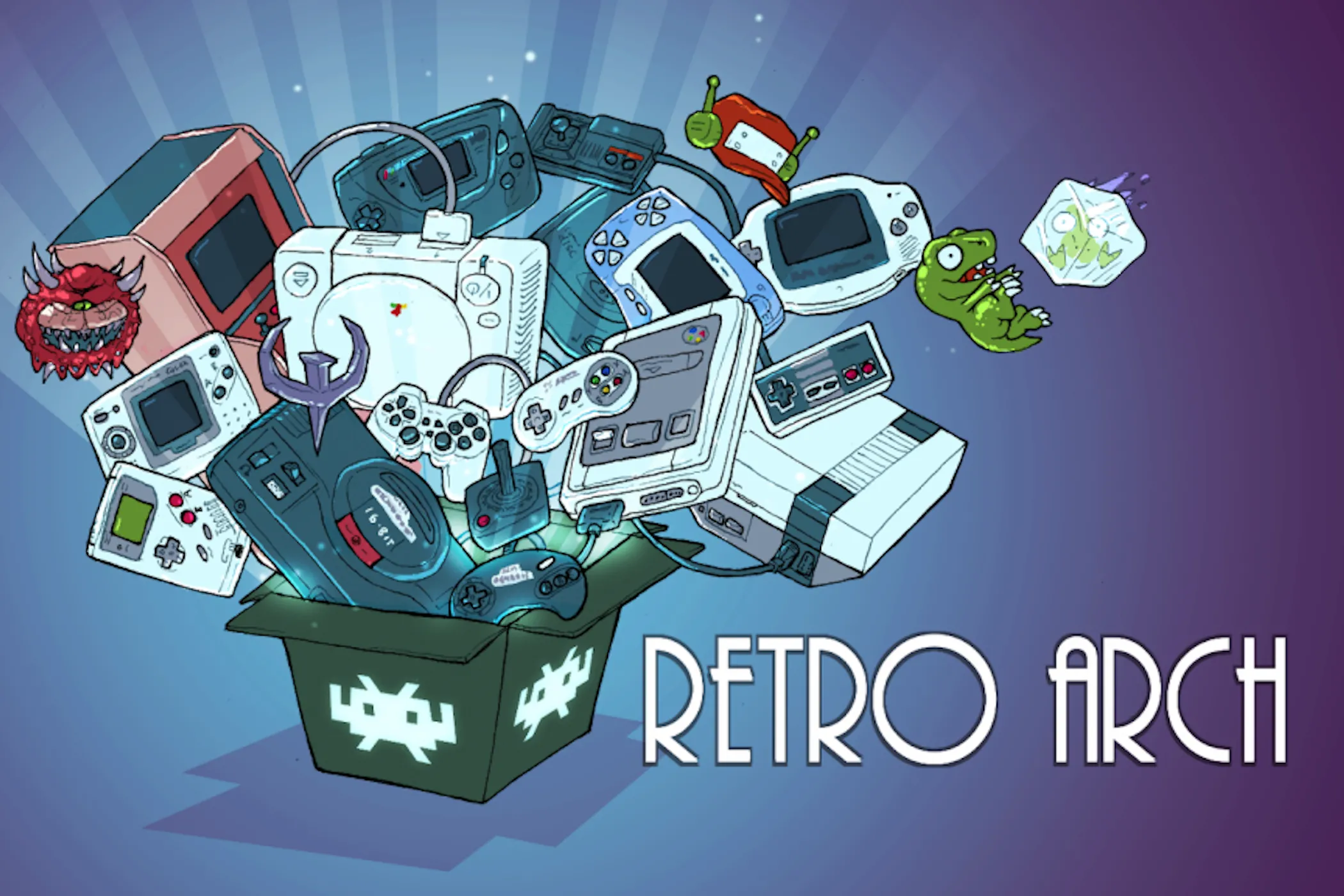 Logo và giao diện của RetroArch, một emulator mạnh mẽ tích hợp trong LaunchBox