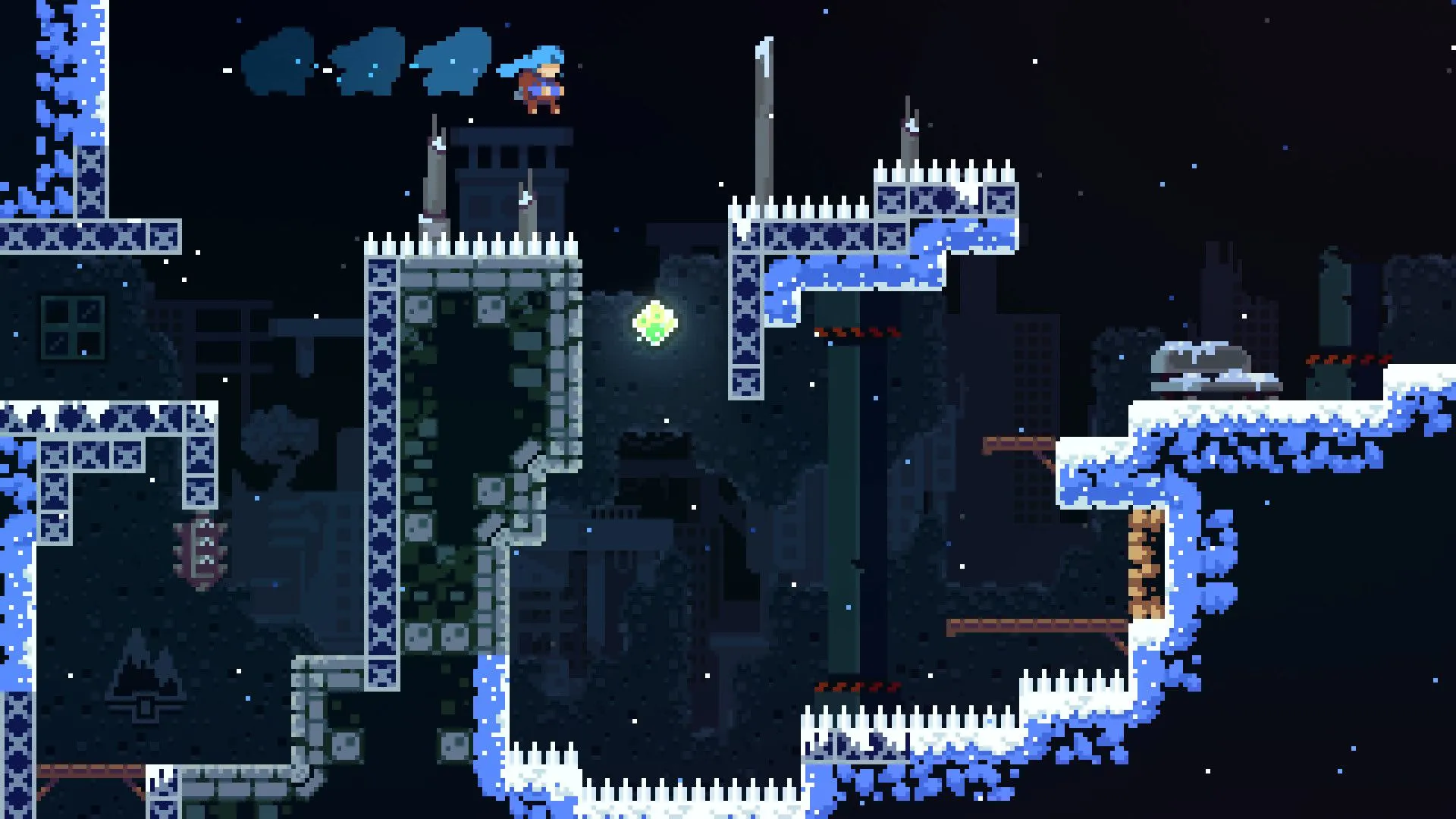 Lối chơi platformer đầy thử thách trong Celeste với Madeline nhảy qua chướng ngại vật