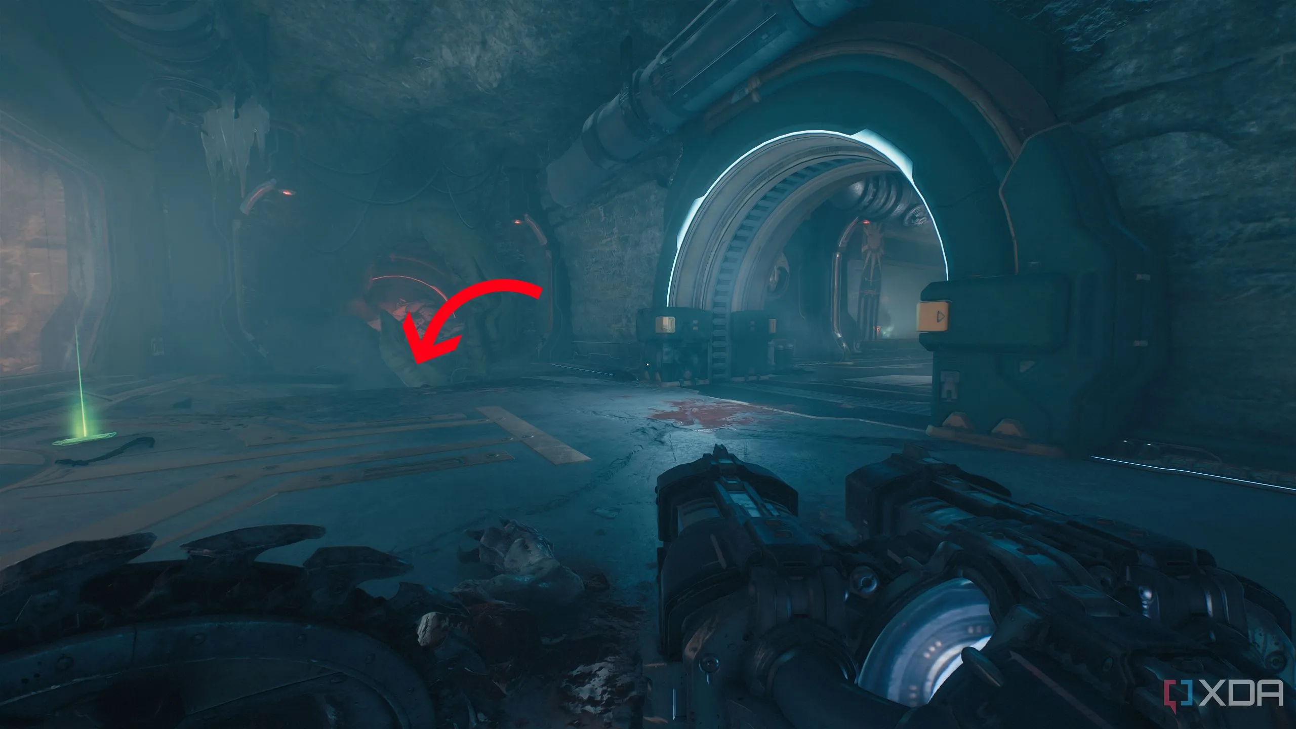 Lối đi bí mật dẫn xuống qua một lỗ trên sàn nhà, thay vì đi thẳng theo mục tiêu trong Doom The Dark Ages.