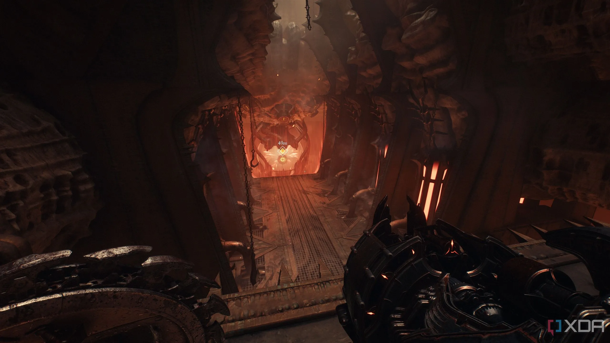Lối ra phi thuyền Hell Carrier bị đánh dấu bằng lửa trong Doom: The Dark Ages