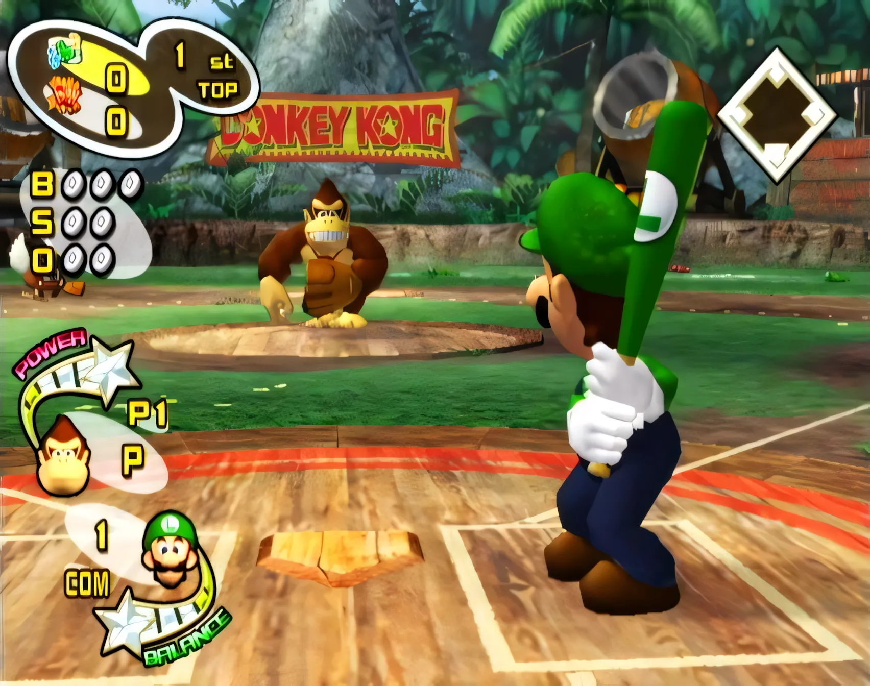 Luigi trong Mario Superstar Baseball với cú đánh đầy mạnh mẽ