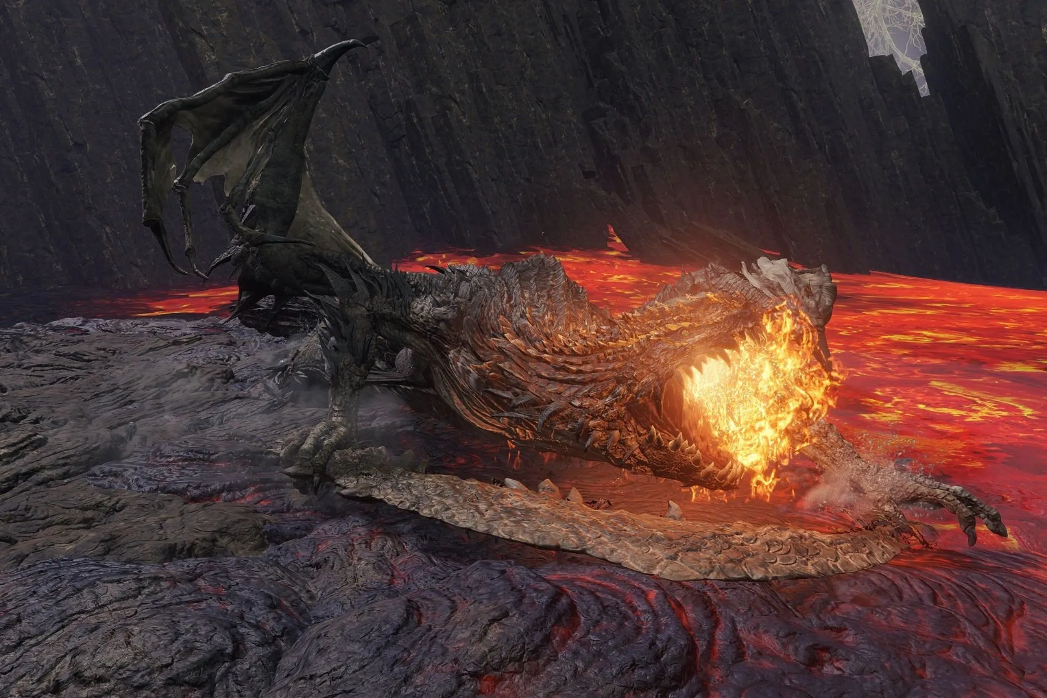 Magma Wyrm Elden Ring đang di chuyển trong dung nham rực lửa
