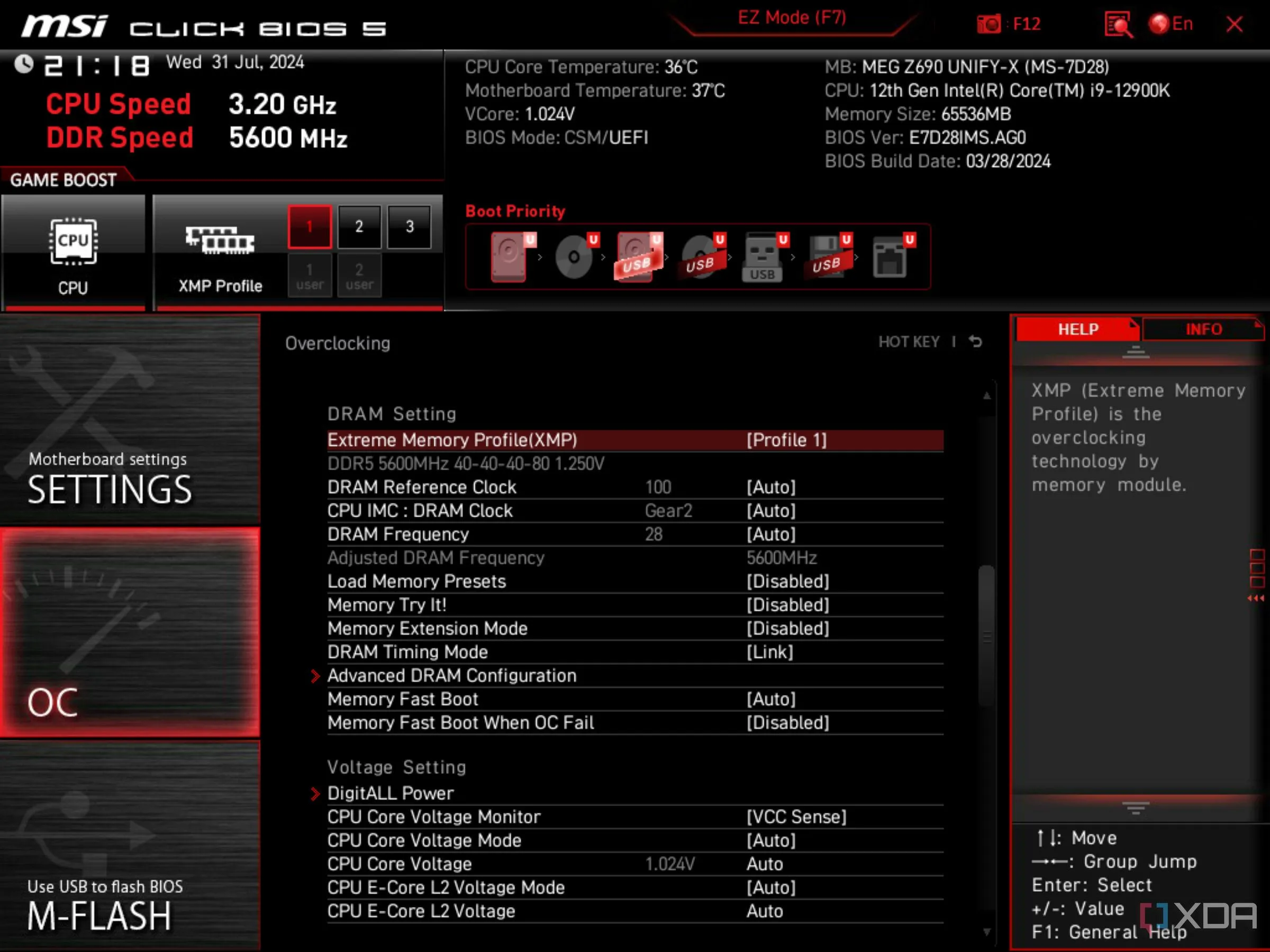 Màn hình BIOS UEFI của MSI hiển thị tùy chọn XMP đã được kích hoạt cho RAM