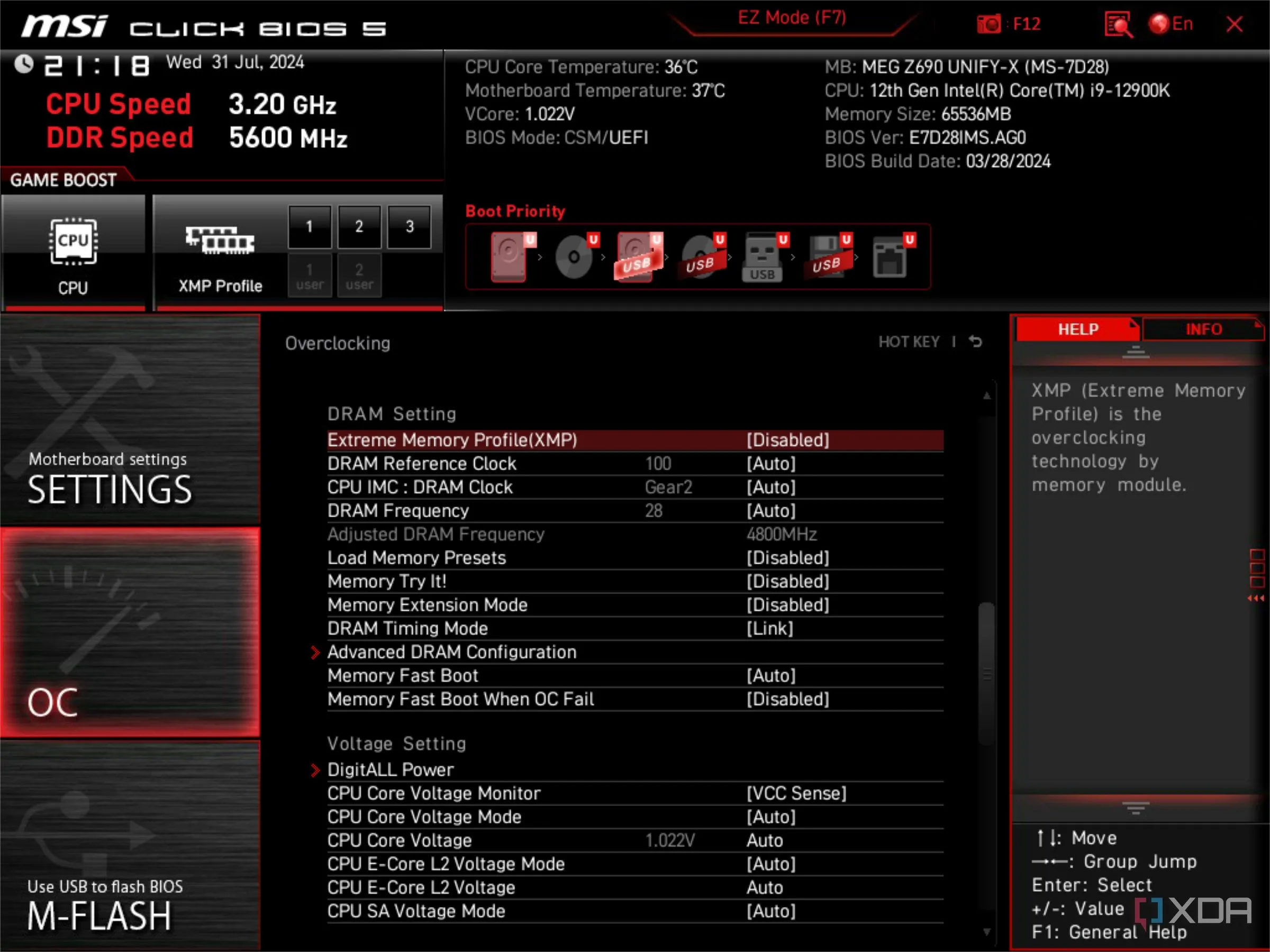 Màn hình BIOS UEFI của MSI hiển thị XMP bị tắt