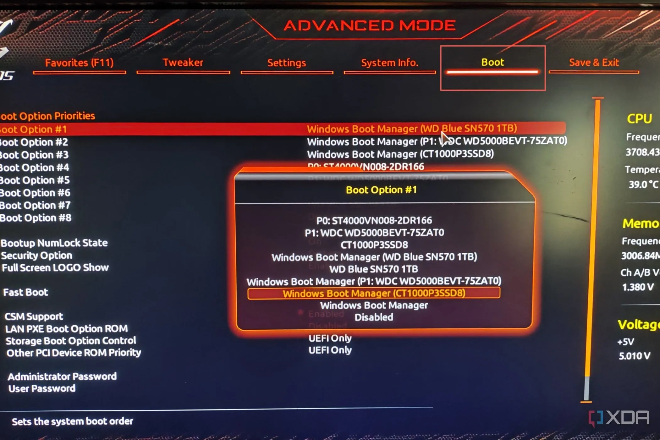 Màn hình cài đặt khởi động Boot trong giao diện BIOS/UEFI của máy tính