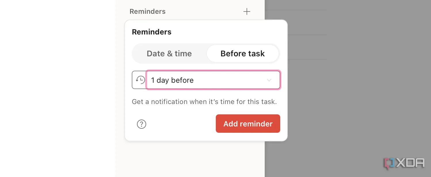Màn hình cài đặt nhắc nhở trong ứng dụng Todoist, cho phép người dùng thiết lập thời gian nhắc nhở trước khi nhiệm vụ đến hạn