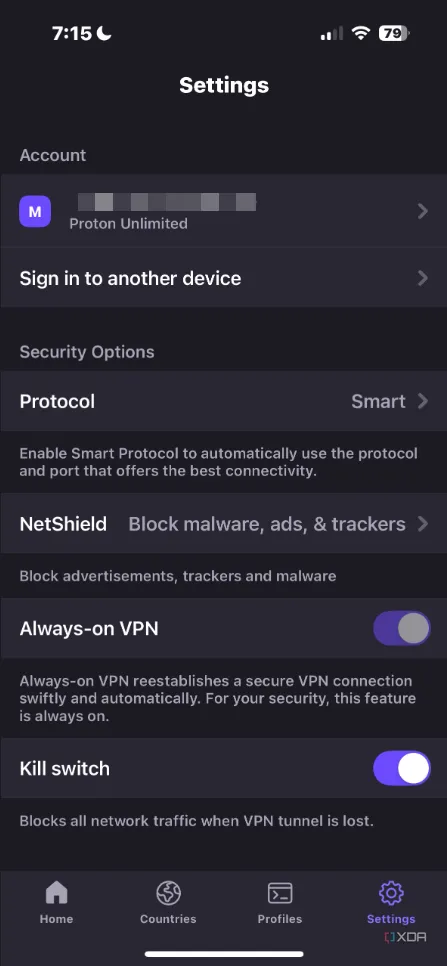 Màn hình cài đặt tổng quan của Proton VPN, nơi người dùng có thể tùy chỉnh các tính năng bảo mật.