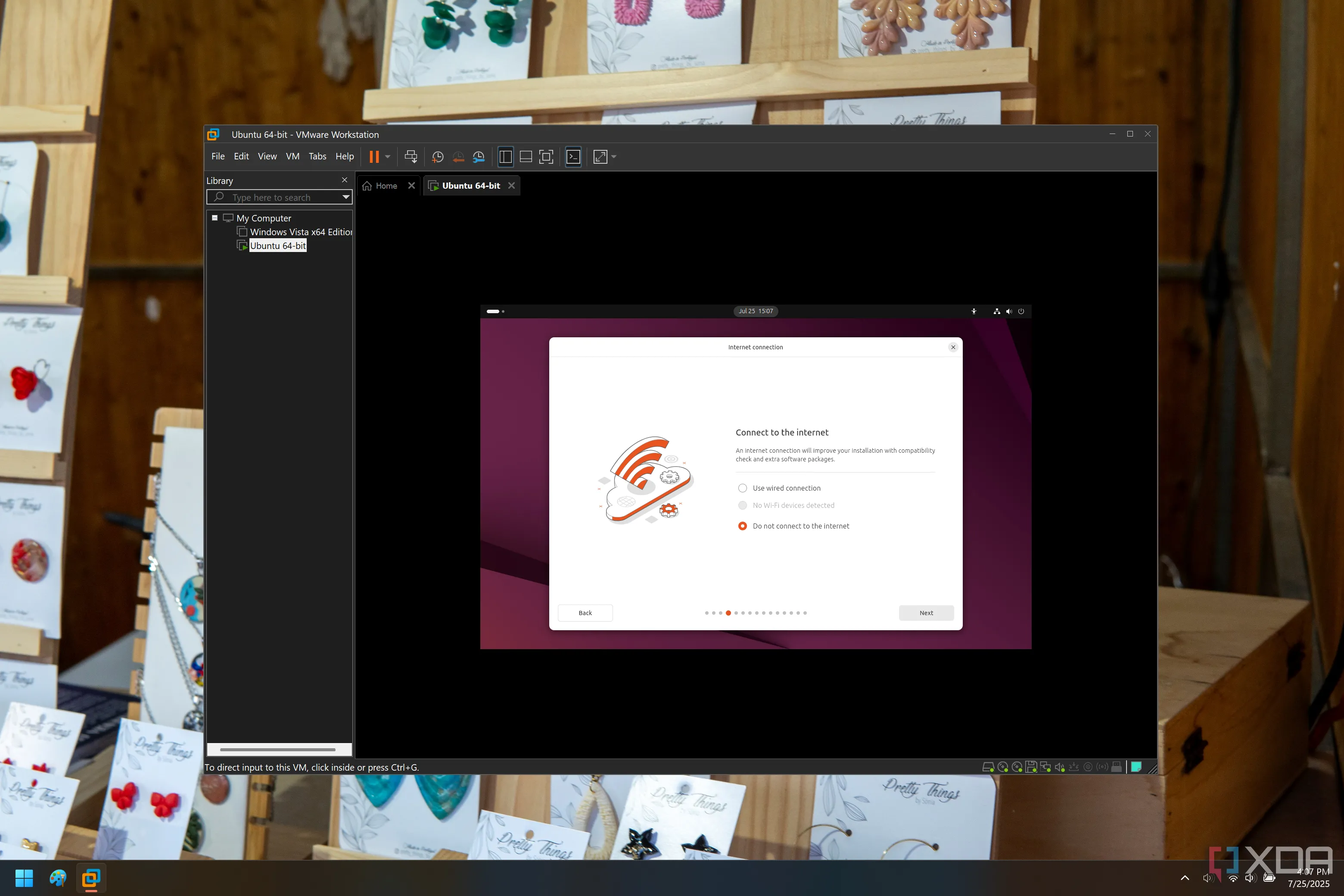 Màn hình cài đặt Ubuntu trong máy ảo, hiển thị tùy chọn kết nối internet, minh họa việc không bắt buộc phải online.