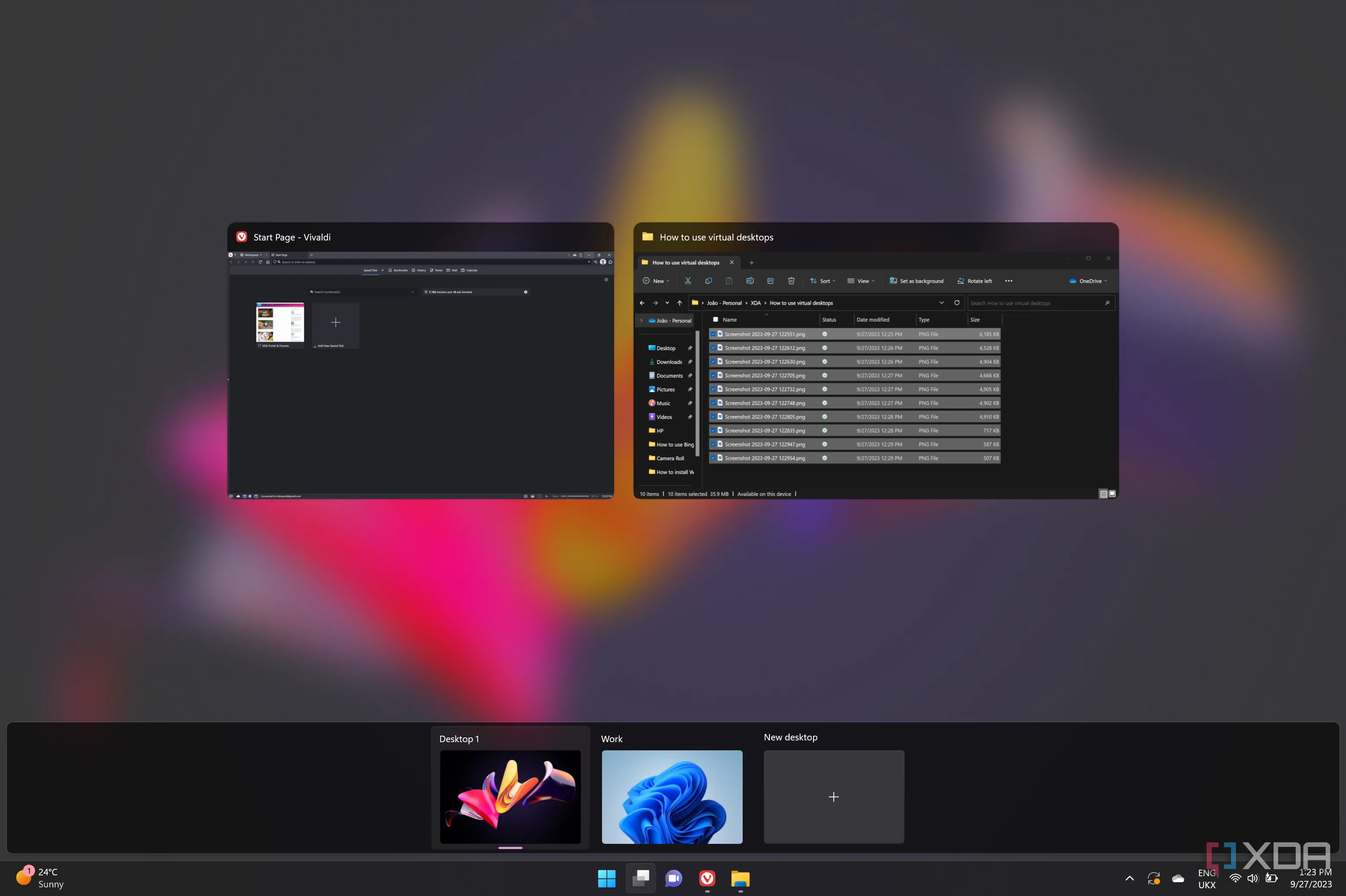 Màn hình Chế độ xem Tác vụ (Task view) trên Windows 11 hiển thị hai màn hình ảo và một số ứng dụng đang mở