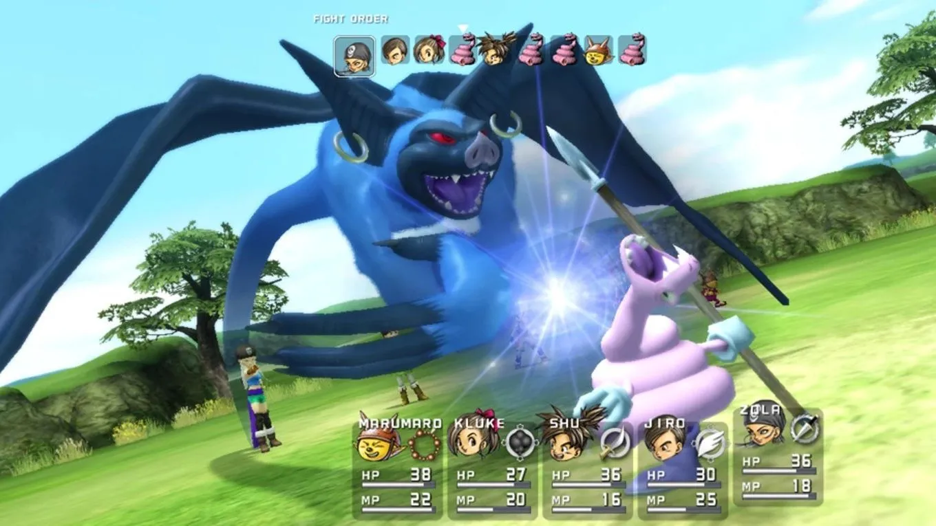 Màn hình chiến đấu trong Blue Dragon, nhân vật chính đối mặt với kẻ thù hình dơi khổng lồ