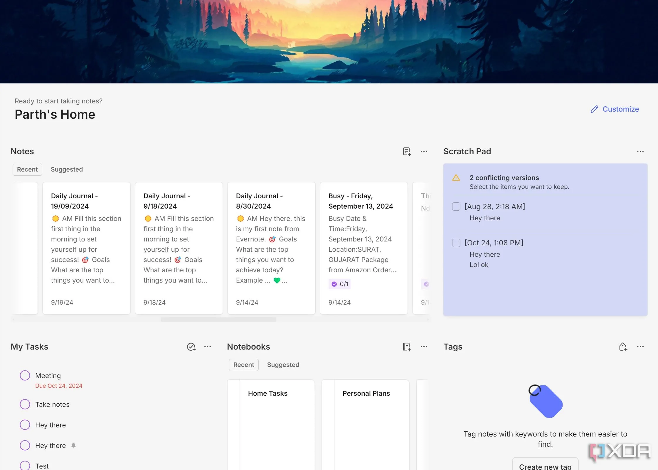 Màn hình chính Evernote Home với các widget tùy chỉnh và ghi chú gần đây