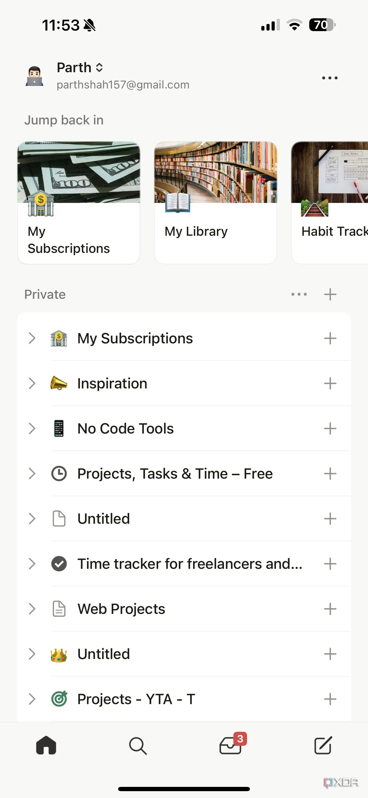 Màn hình chính ứng dụng Notion trên iOS, thể hiện trải nghiệm di động cơ bản