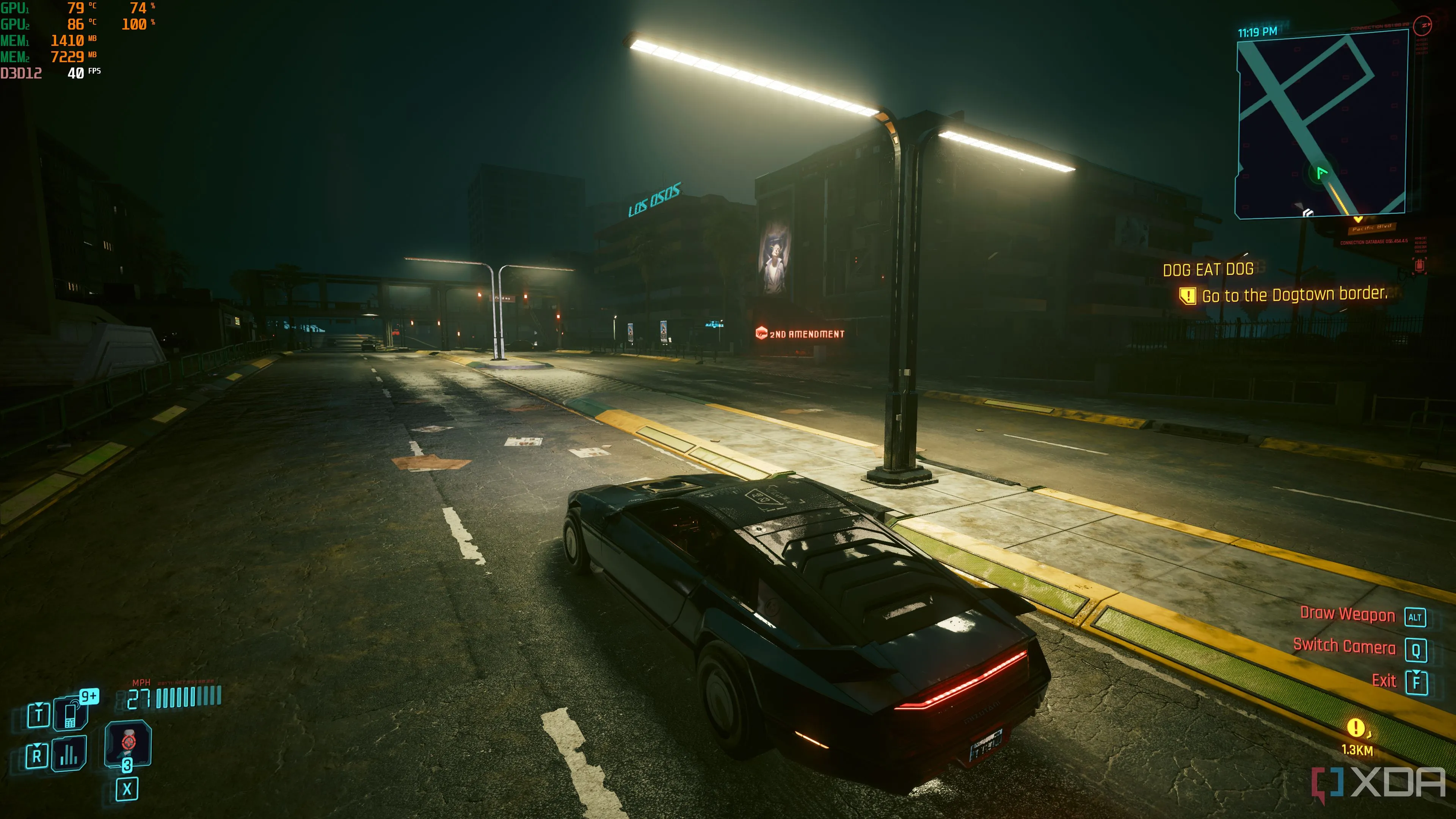 Màn hình chơi game Cyberpunk 2077 với tính năng Lossless Scaling đang bật, tượng trưng cho những tựa game hiện đại và công nghệ đồ họa tiên tiến của Nvidia