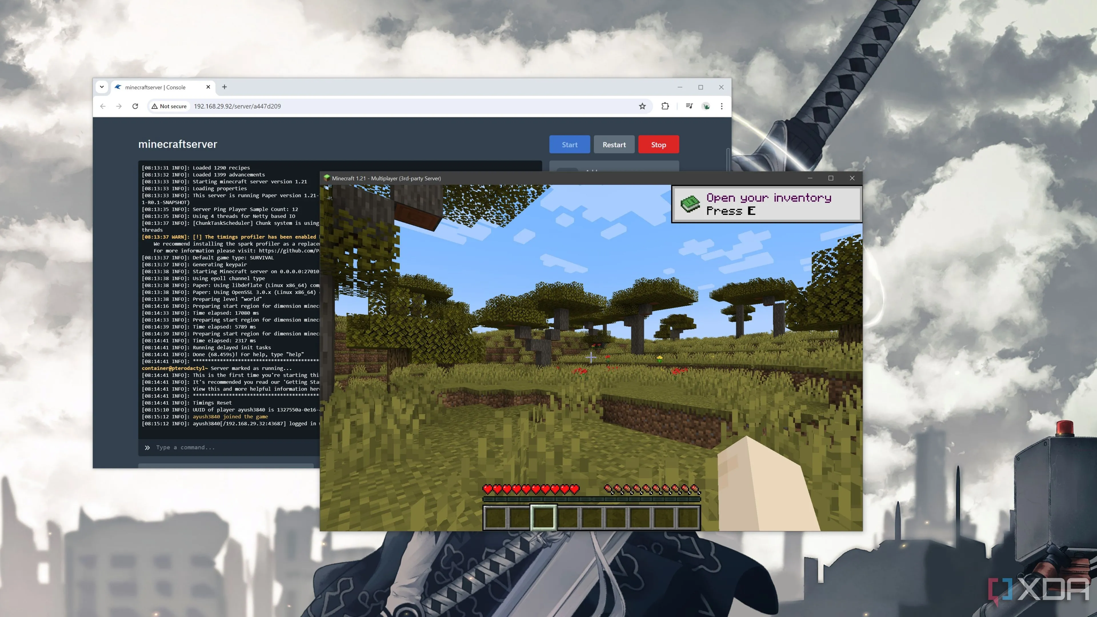 Màn hình chơi game Minecraft trên máy chủ Pterodactyl tự host, minh họa cho việc sử dụng reverse proxy