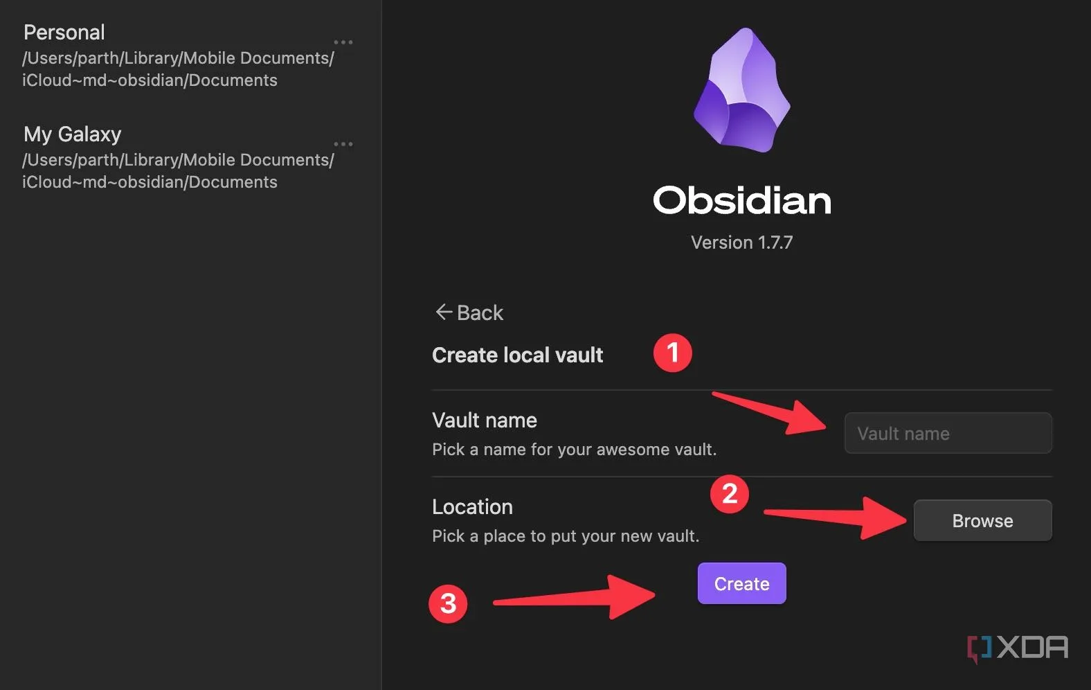 Màn hình chọn vị trí lưu trữ cho vault Obsidian mới, hỗ trợ lưu trữ cục bộ hoặc đám mây.