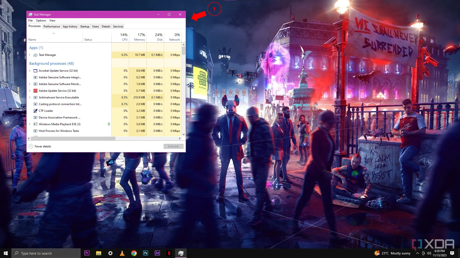 Màn hình desktop Windows 10 với Task Manager đang mở tab &quot;Processes&quot;, cho thấy cách quản lý các tiến trình nền để giải phóng tài nguyên.