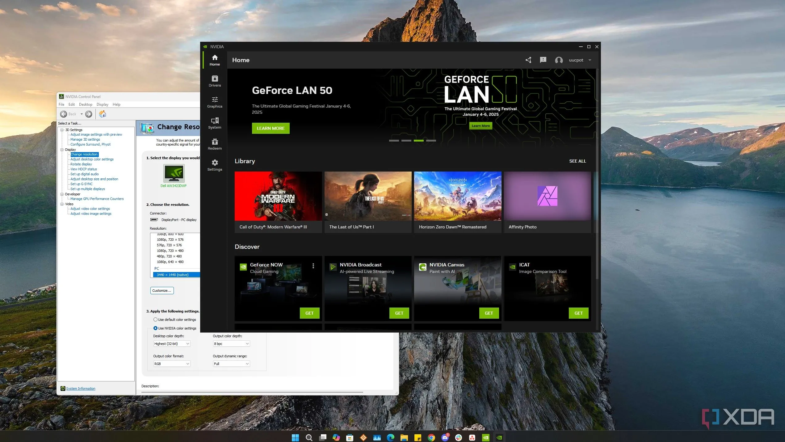 Màn hình desktop Windows 11 với cửa sổ NVIDIA Control Panel và NVIDIA App đang mở, hiển thị các tùy chọn cài đặt đồ họa.