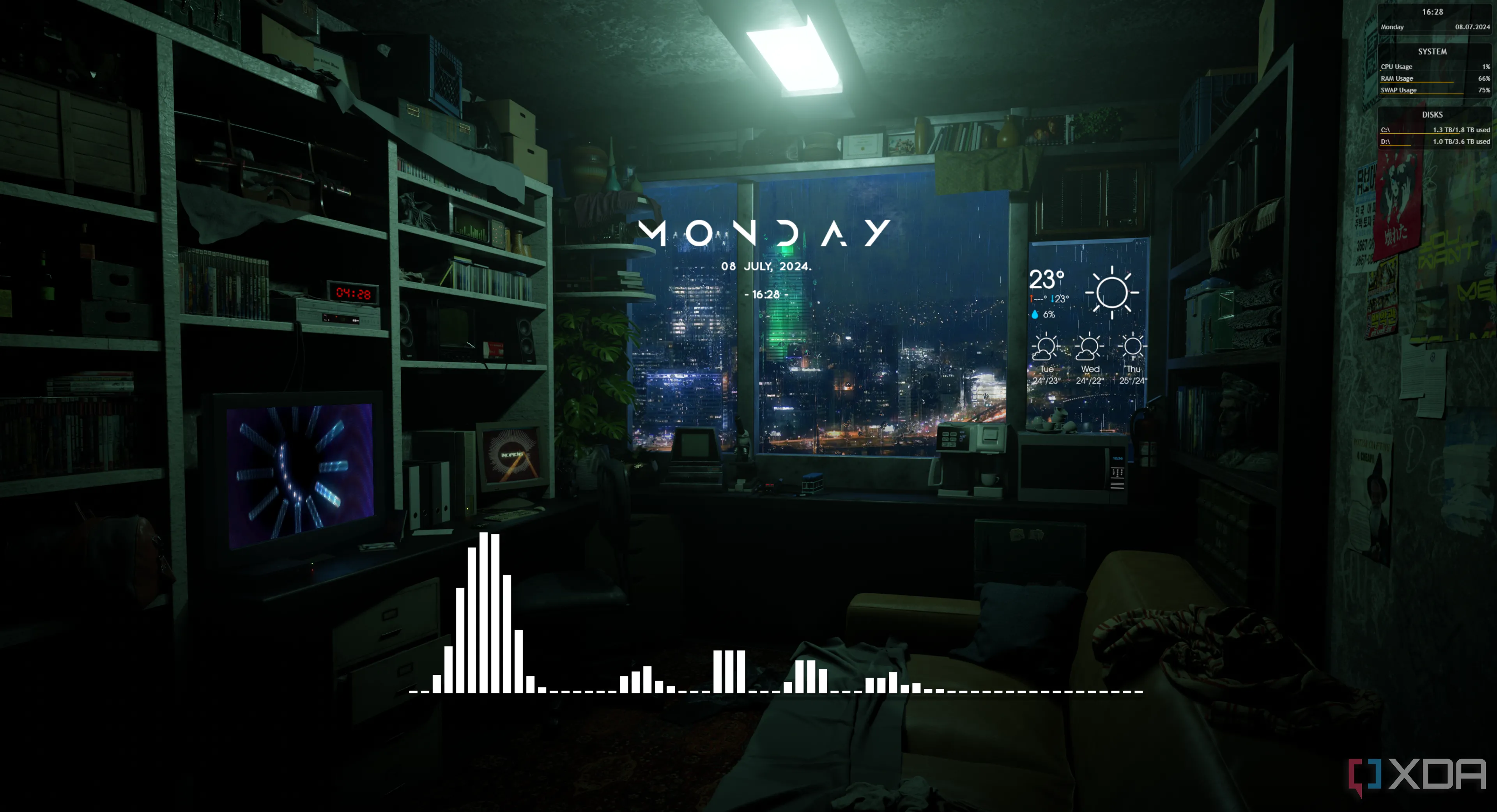 Màn hình desktop Windows với giao diện được tùy chỉnh bằng Rainmeter, hiển thị các widget thông tin