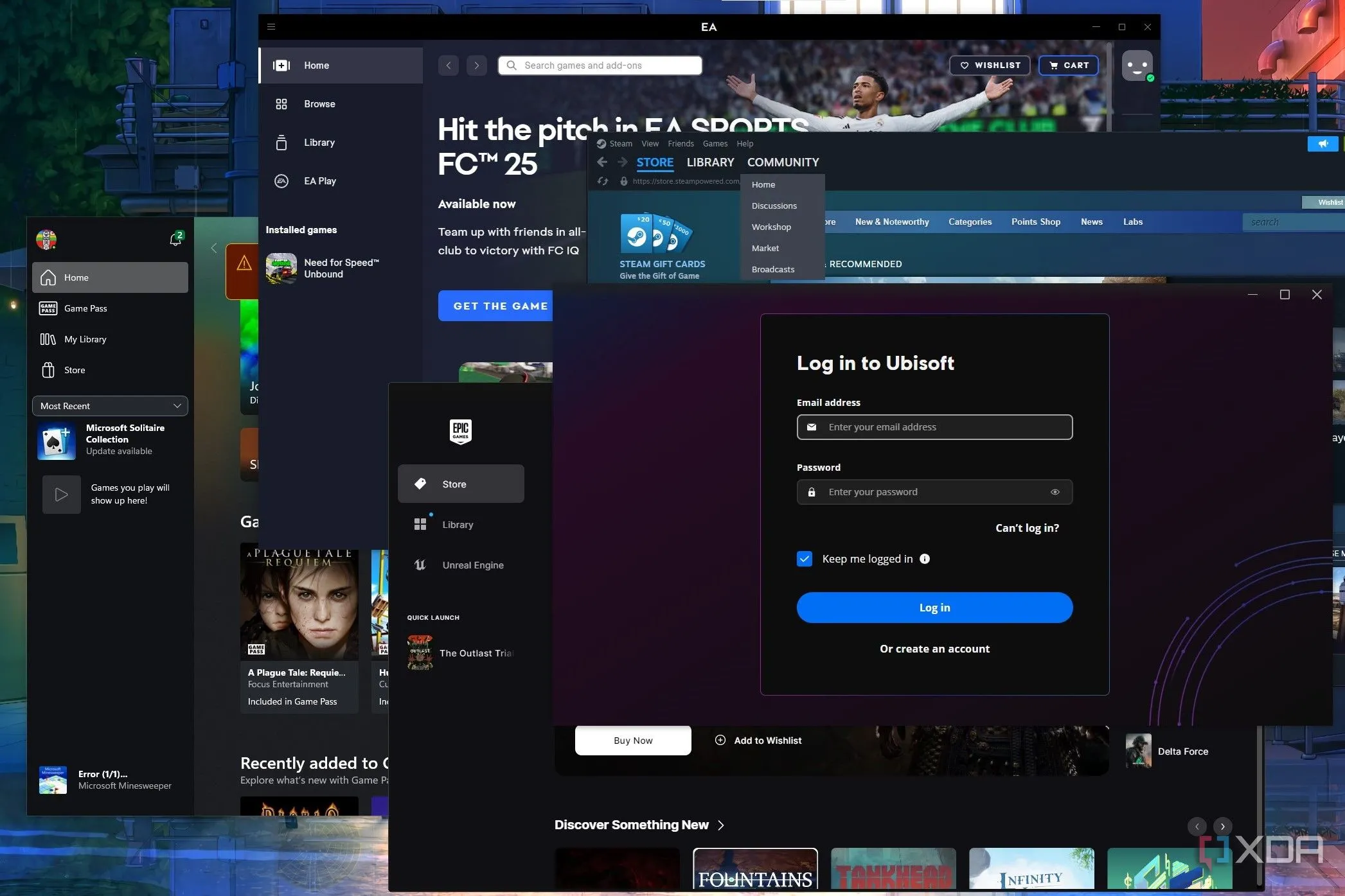 Màn hình desktop Windows với nhiều launcher game đang mở