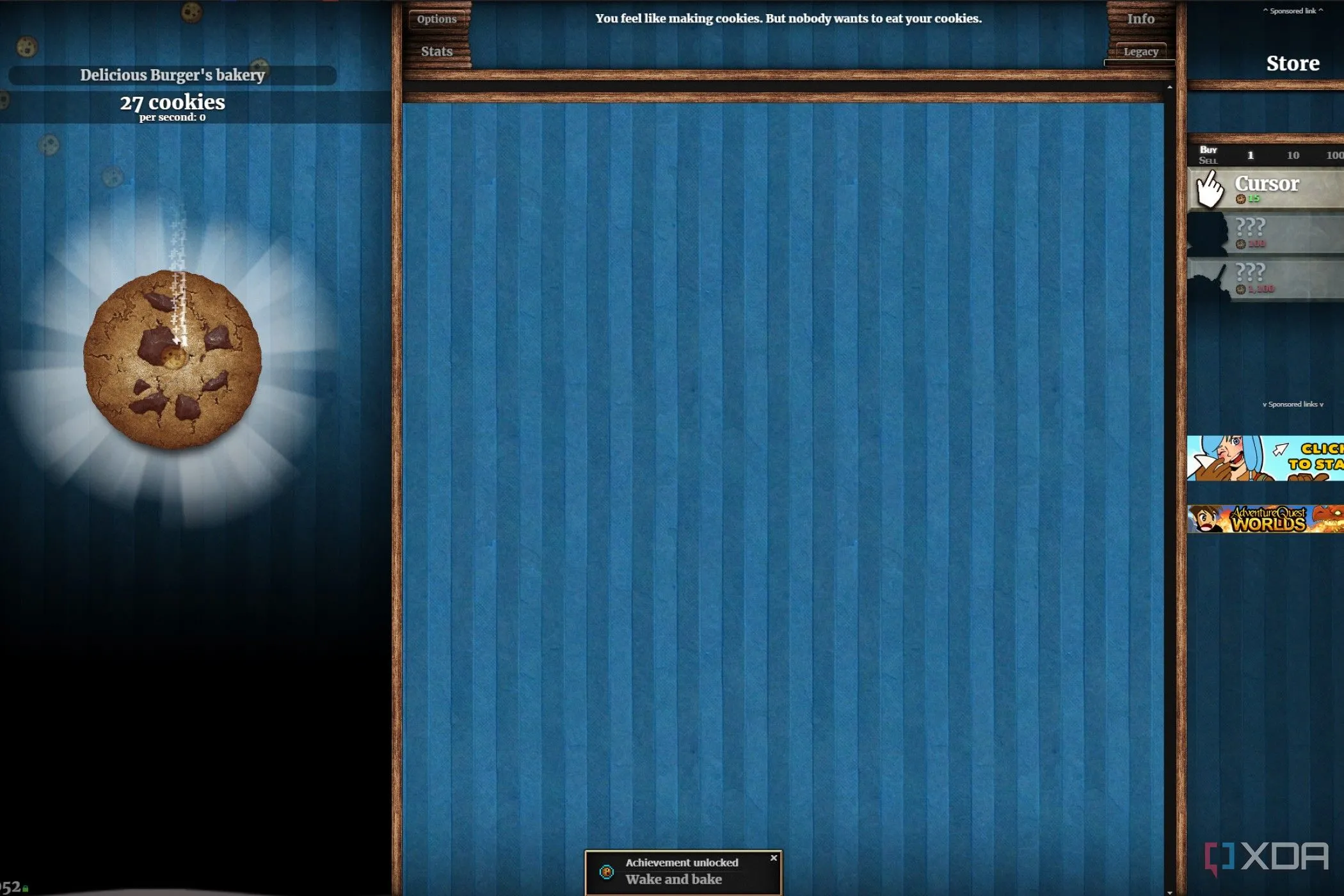 Màn hình game Cookie Clicker với số bánh quy khổng lồ, thể hiện lối chơi clicker gây nghiện