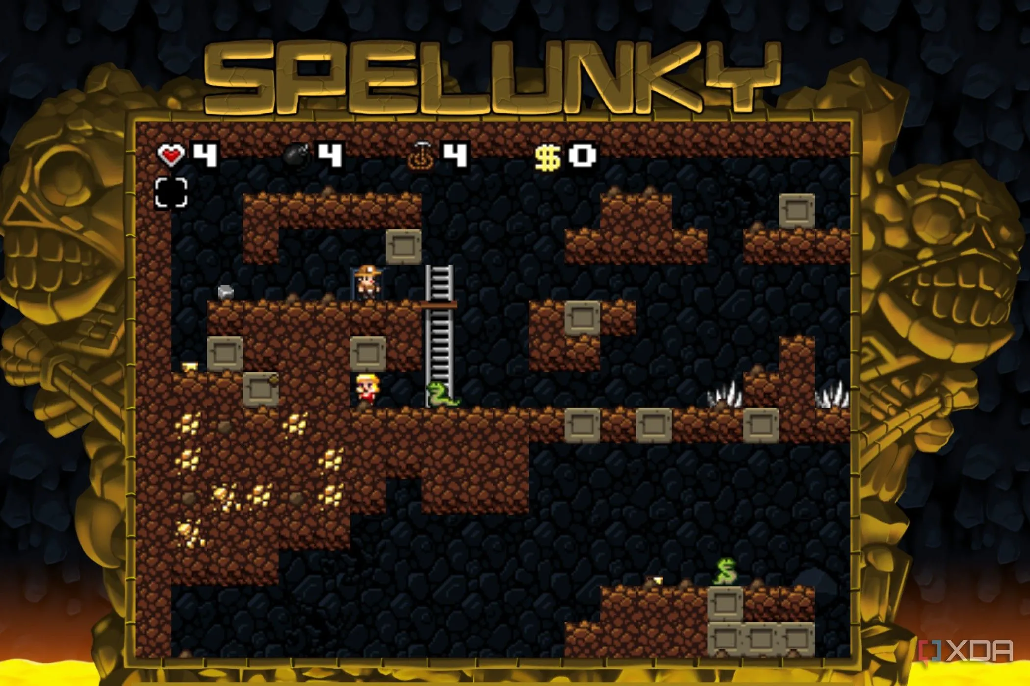 Màn hình game Spelunky cổ điển với nhân vật khám phá hầm mộ đầy cạm bẫy