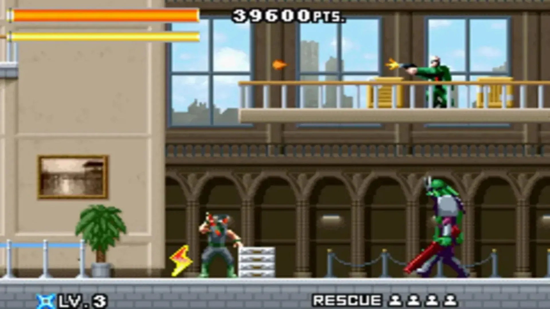 Màn hình gameplay của Ninja Five-O trên Game Boy Advance, nhân vật Joe Osugi đang di chuyển trong một màn chơi đầy kẻ thù.