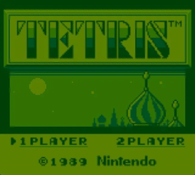 Màn hình gameplay của Tetris trên Game Boy, hiển thị các khối đang rơi