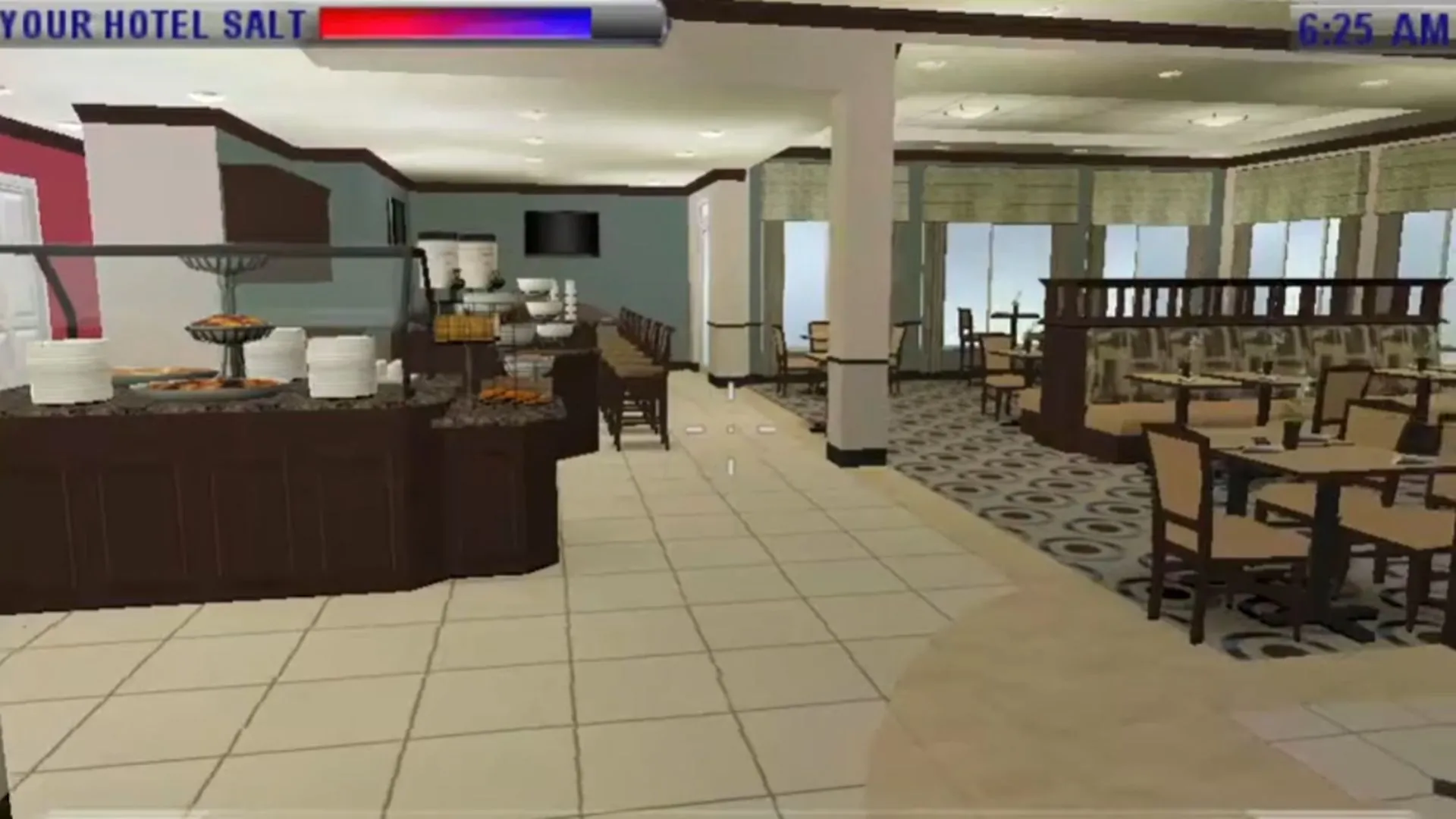 Màn hình gameplay của The Hilton Family trên PSP, mô phỏng hoạt động tại sảnh khách sạn Hilton Garden Inn với nhân viên đang tương tác với khách hàng.