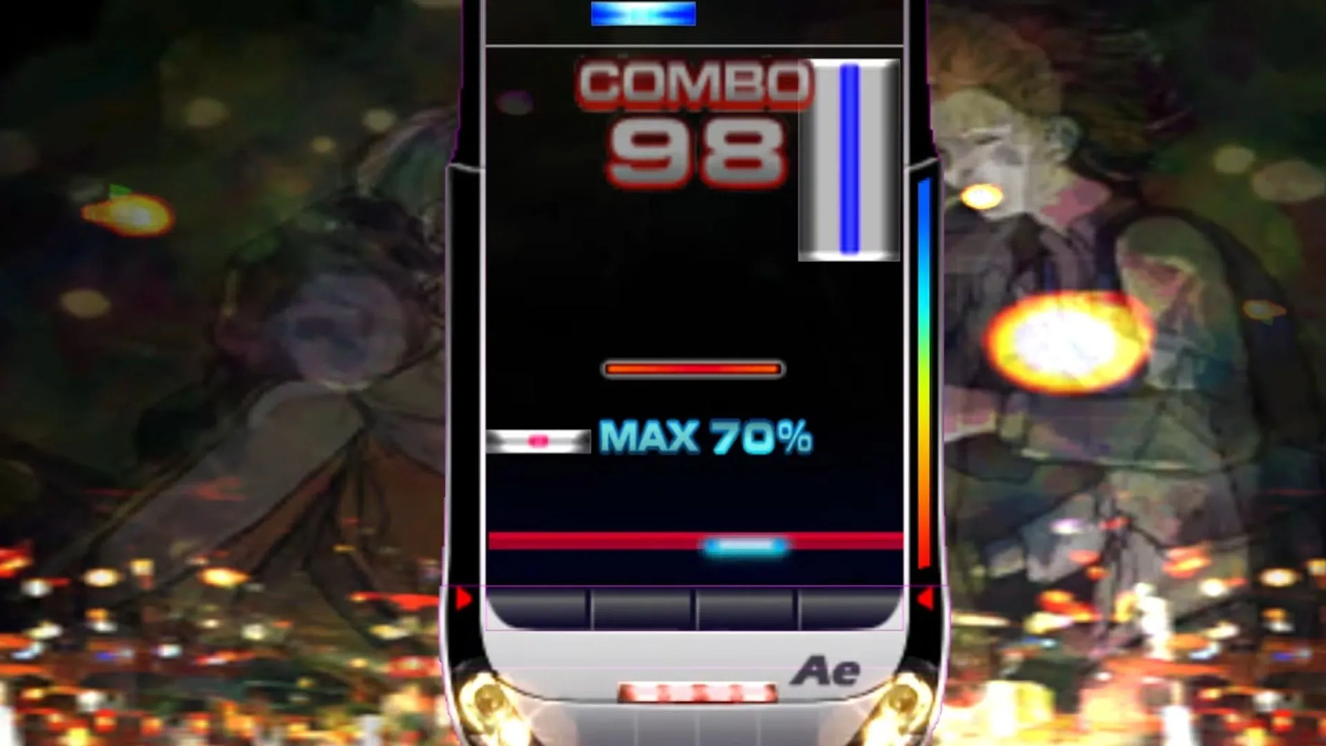 Màn hình gameplay của tựa game âm nhạc DJMAX Fever trên PSP, hiển thị các nốt nhạc đang rơi và giao diện điều khiển.