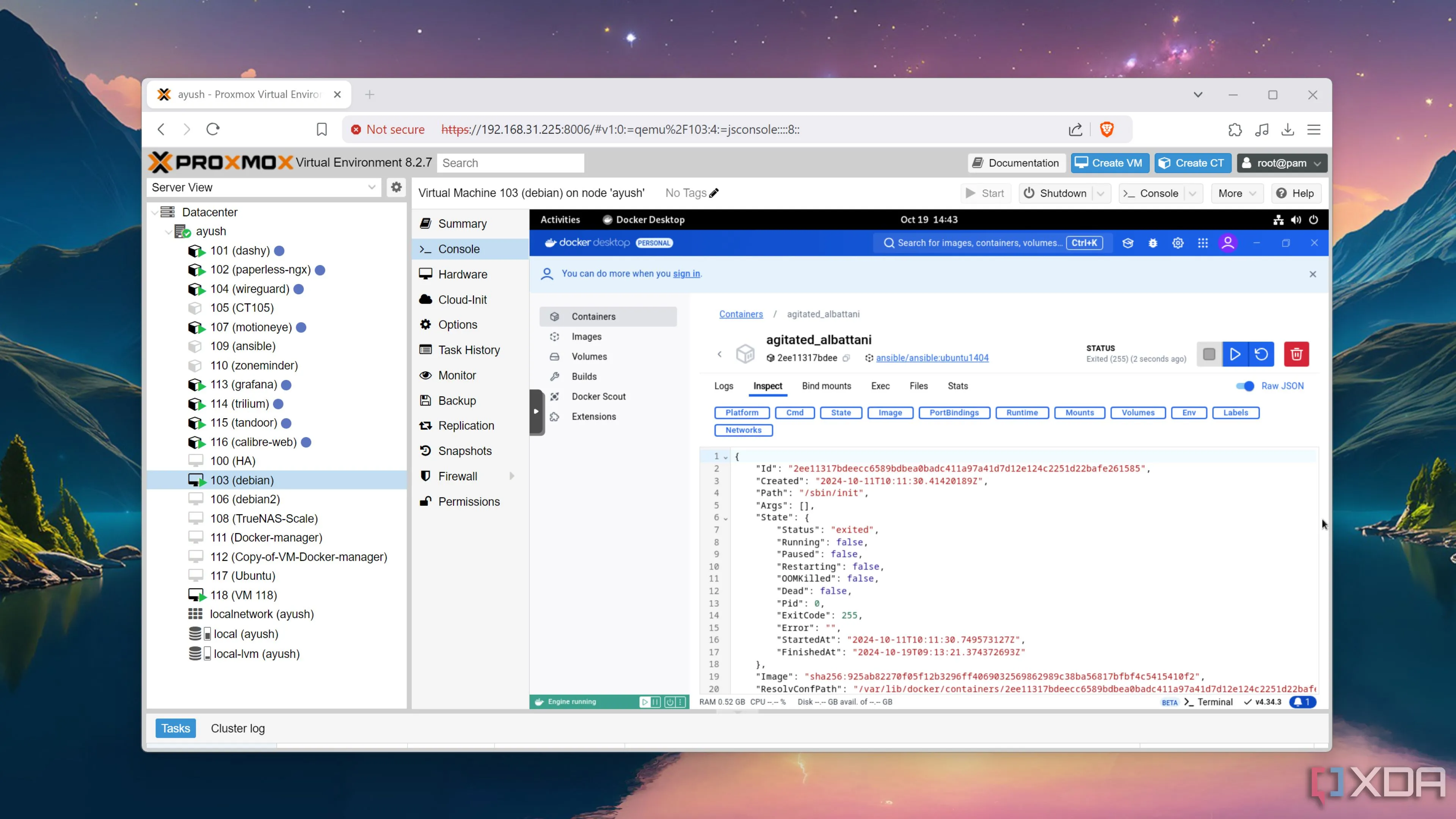 Màn hình giao diện Docker Desktop chạy bên trong máy ảo Debian trên nền tảng Proxmox